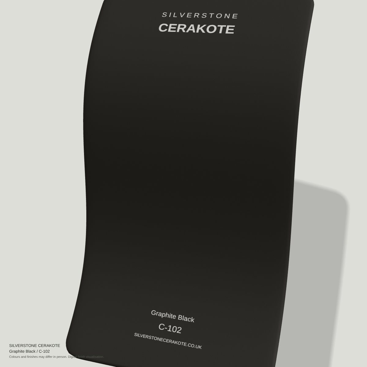 Graphite Black C-102 Cerakote finish on a Silverstone Cerakote sample swatch (digital visualisation)
