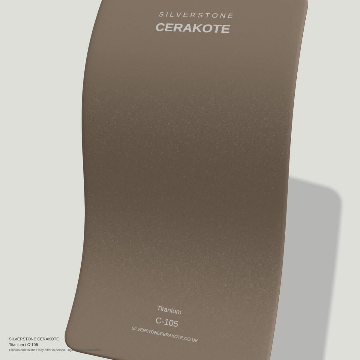 Titanium C-105 Cerakote finish on a Silverstone Cerakote sample swatch (digital visualisation)