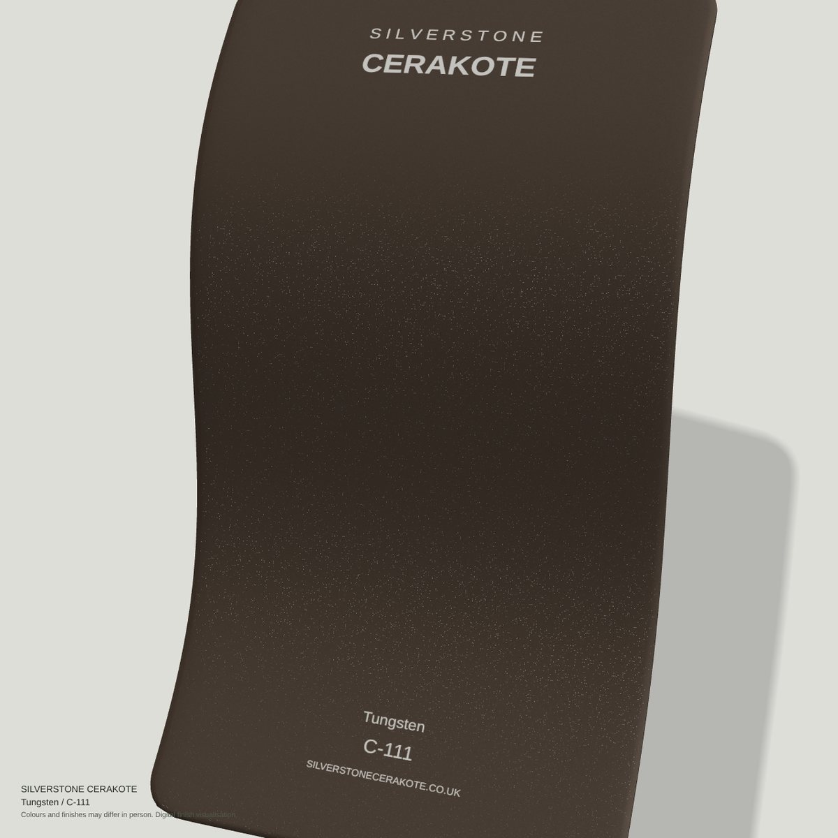 Tungsten C-111 Cerakote finish on a Silverstone Cerakote sample swatch (digital visualisation)