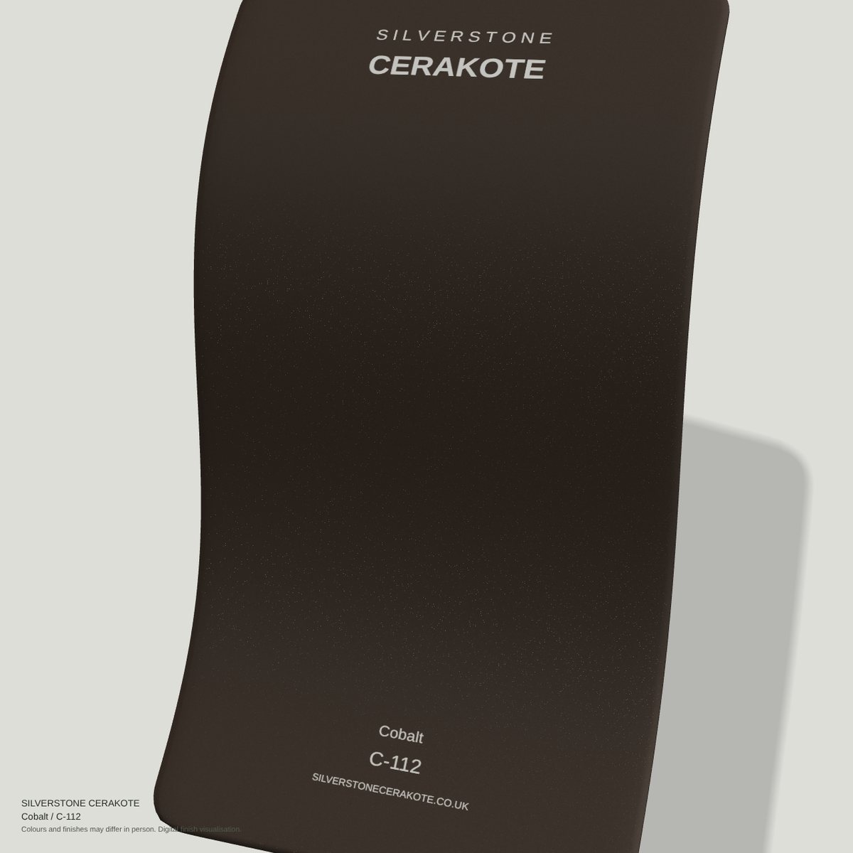 Cobalt C-112 Cerakote finish on a Silverstone Cerakote sample swatch (digital visualisation)