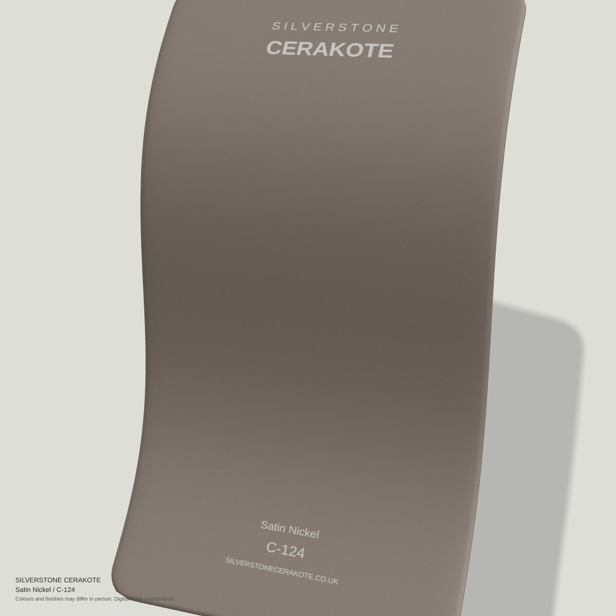 Satin Nickel C-124 Cerakote finish on a Silverstone Cerakote sample swatch (digital visualisation)