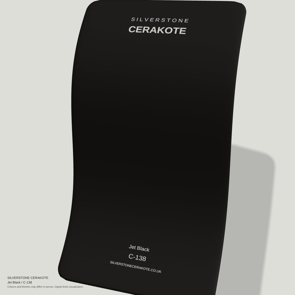 Jet Black C-138 Cerakote finish on a Silverstone Cerakote sample swatch (digital visualisation)