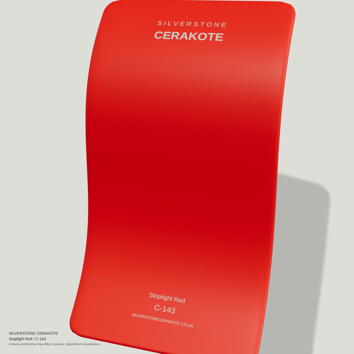 Stoplight Red C-143 Cerakote finish on a Silverstone Cerakote sample swatch (digital visualisation)