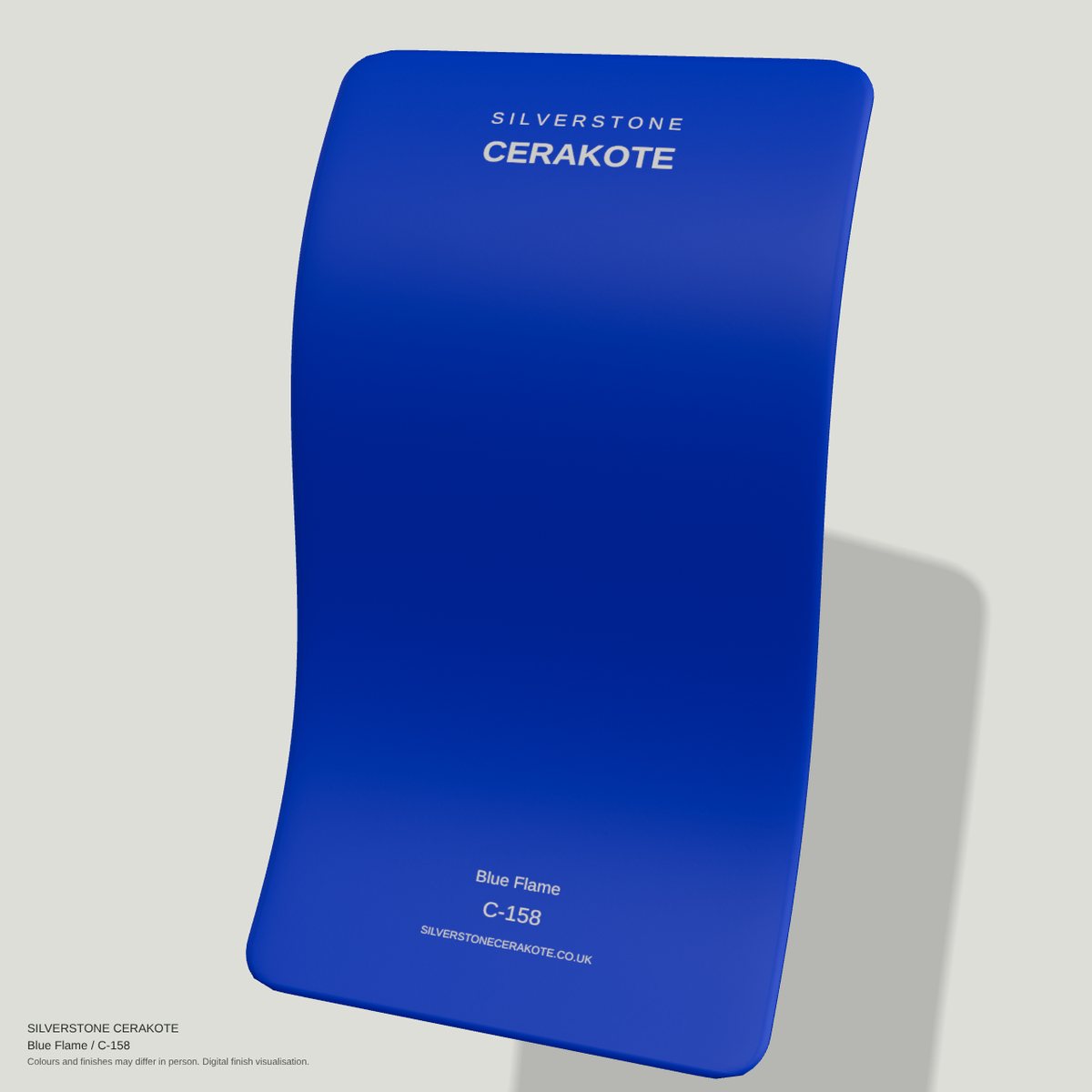 Blue Flame C-158 Cerakote finish on a Silverstone Cerakote sample swatch (digital visualisation)