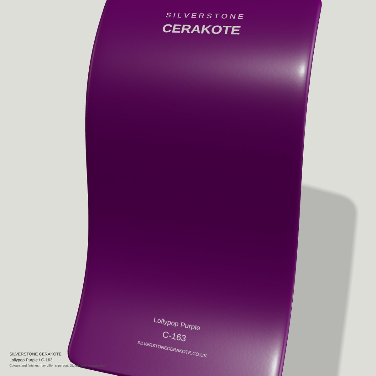 Lollypop Purple C-163 Cerakote finish on a Silverstone Cerakote sample swatch (digital visualisation)