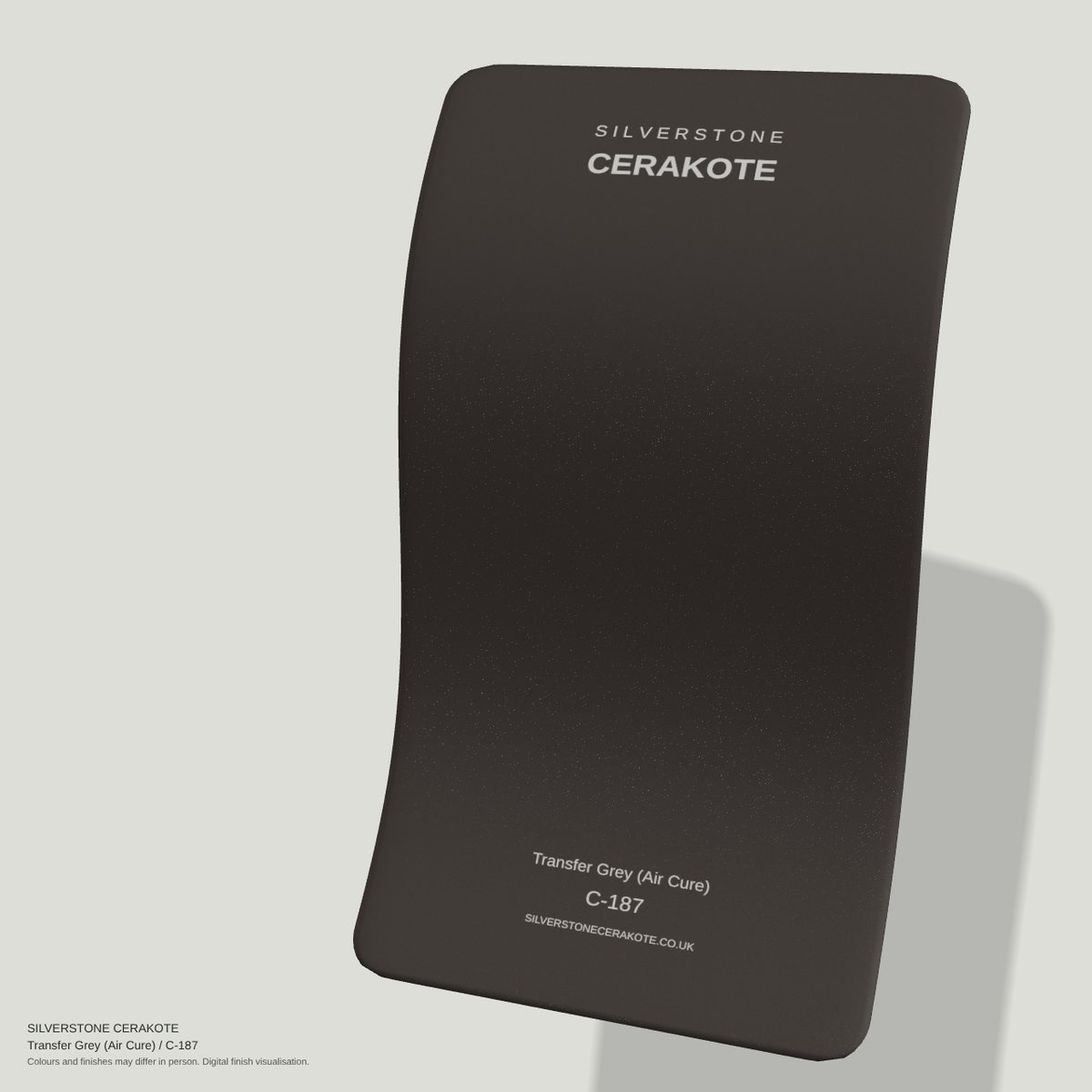 Transfer Grey (Air Cure) C-187 Cerakote finish on a Silverstone Cerakote sample swatch (digital visualisation)
