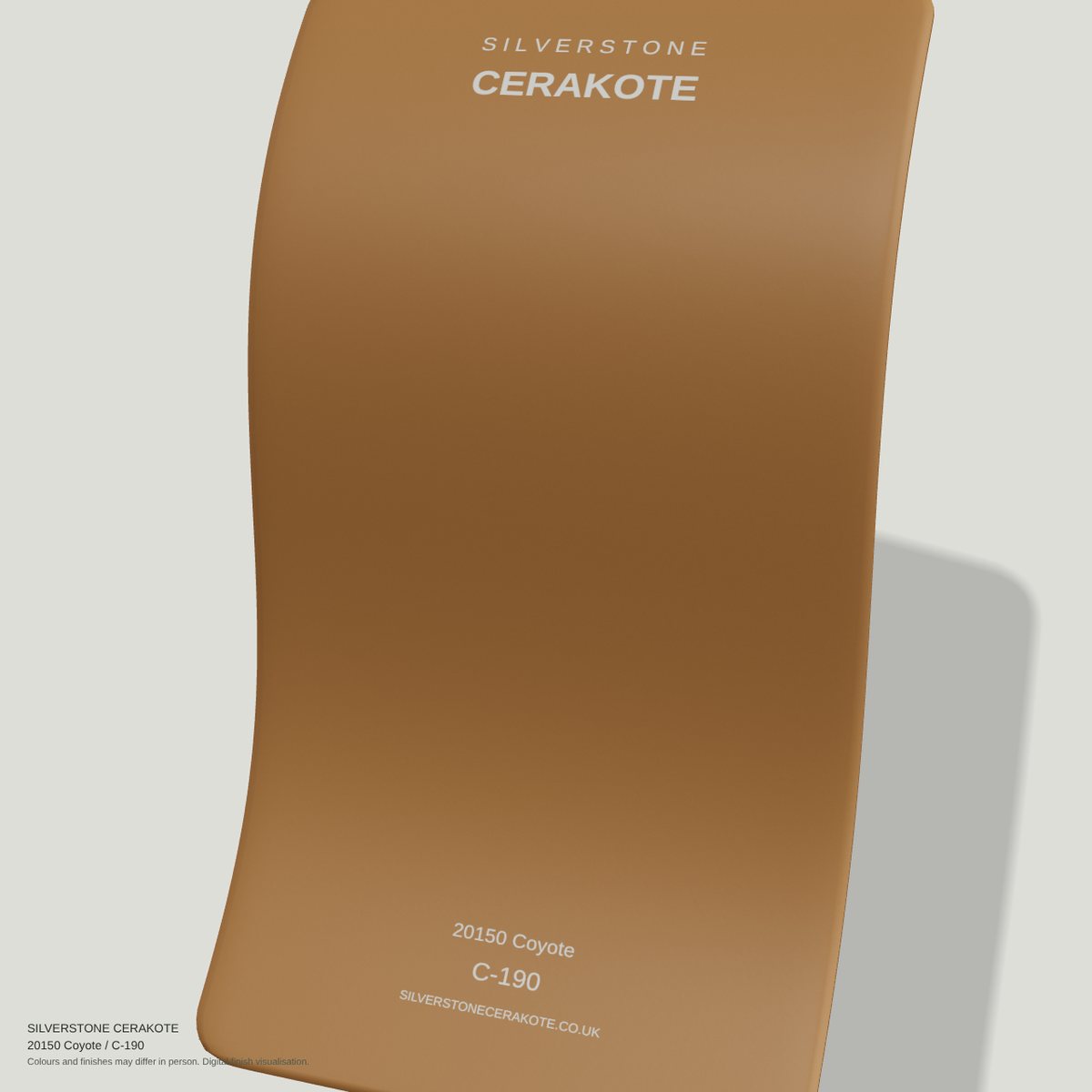 20150 Coyote C-190 Cerakote finish on a Silverstone Cerakote sample swatch (digital visualisation)