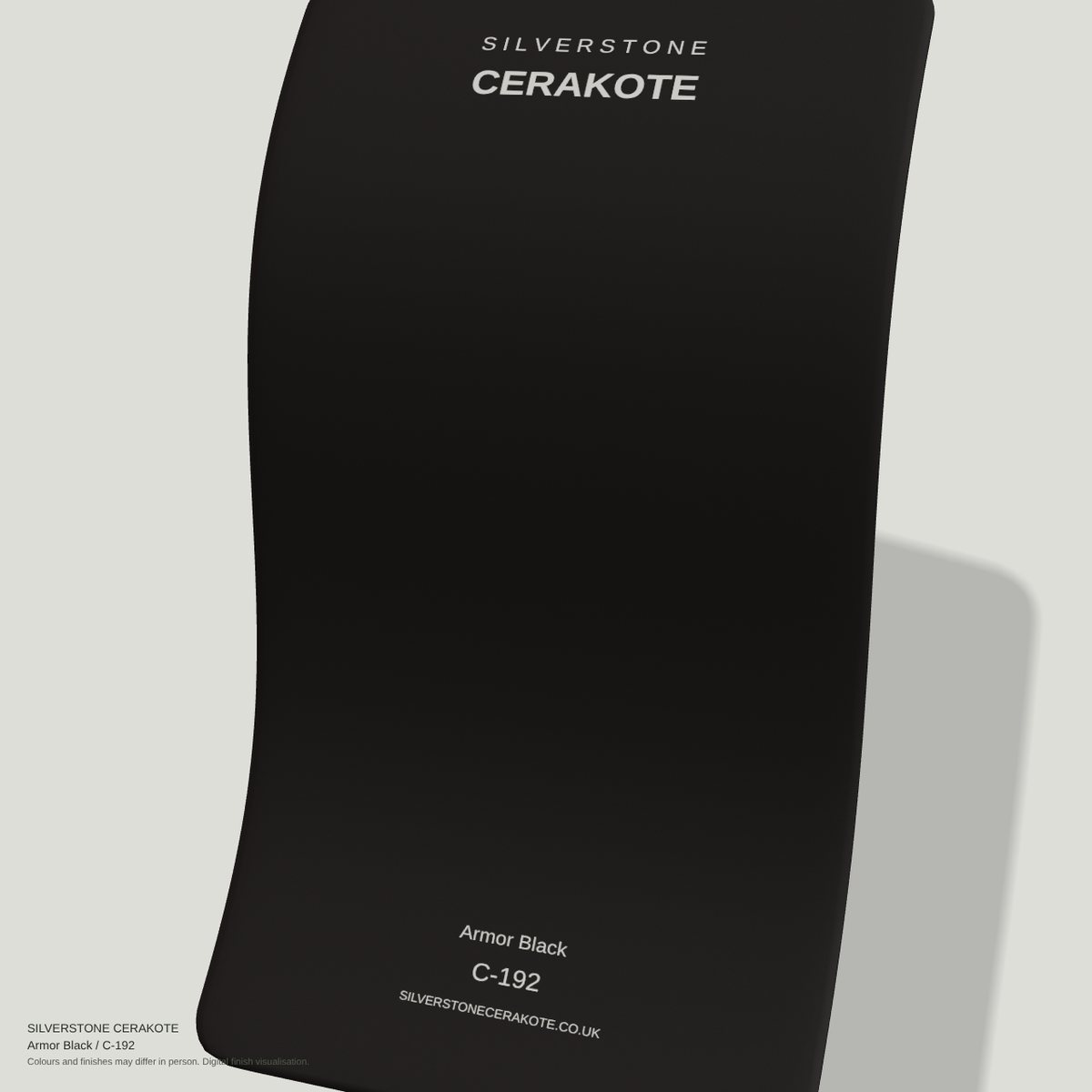 Armor Black C-192 Cerakote finish on a Silverstone Cerakote sample swatch (digital visualisation)
