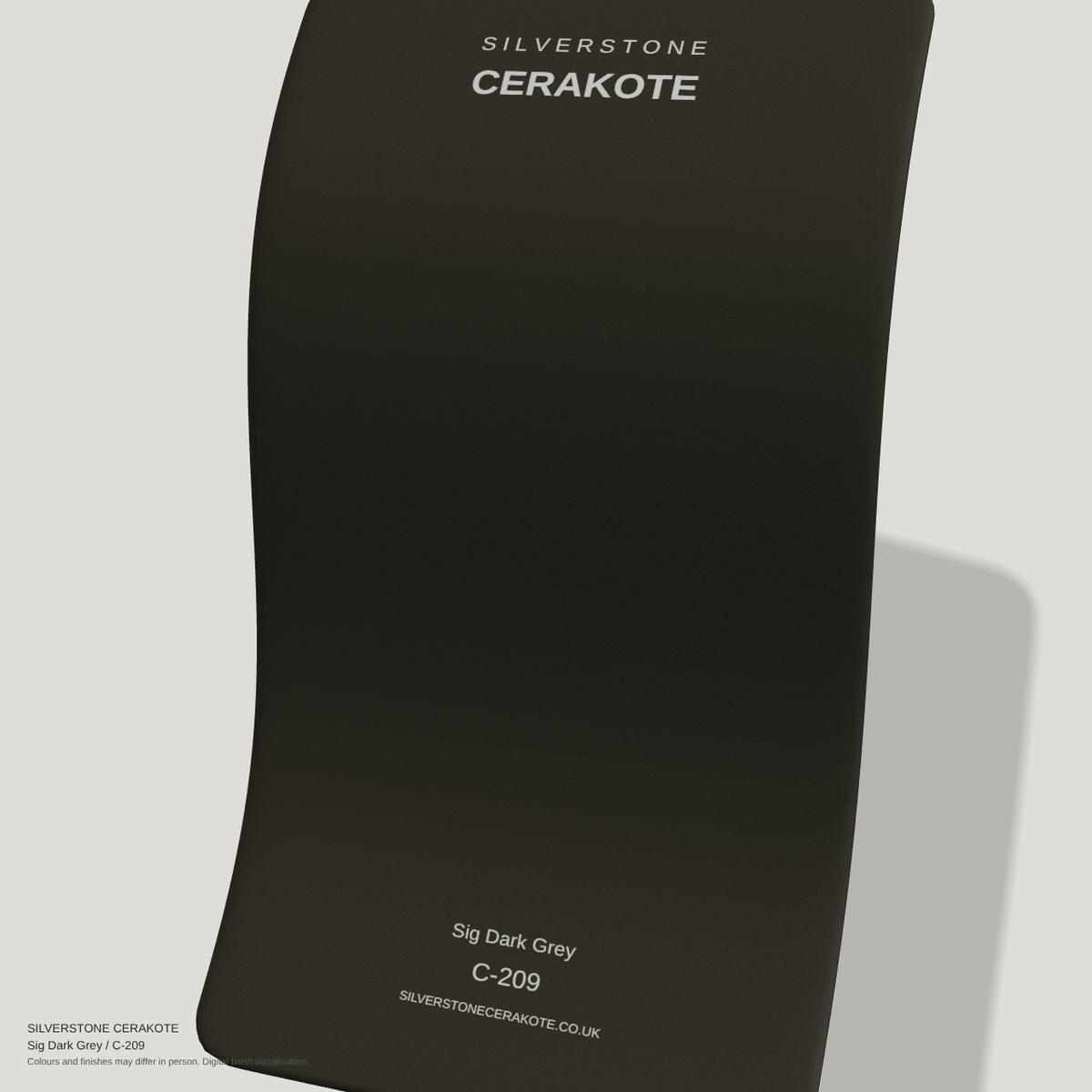 Sig Dark Grey C-209 Cerakote finish on a Silverstone Cerakote sample swatch (digital visualisation)