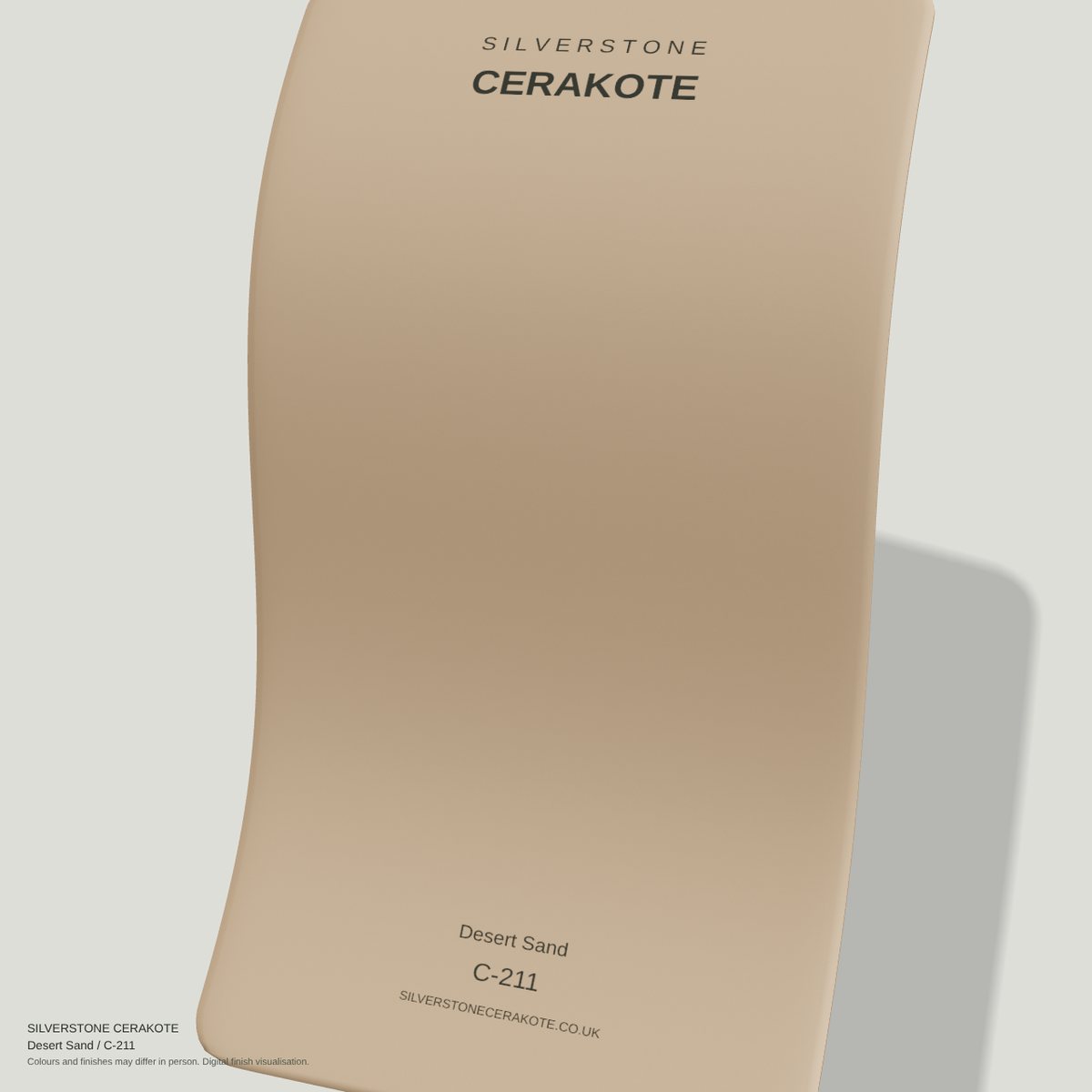 Desert Sand C-211 Cerakote finish on a Silverstone Cerakote sample swatch (digital visualisation)