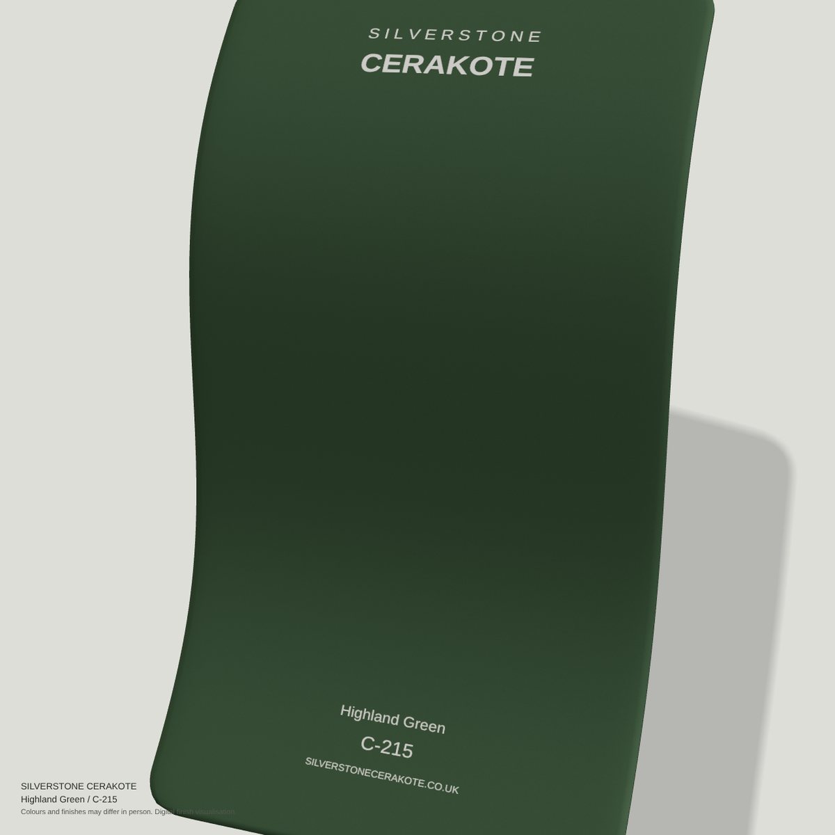 Highland Green C-215 Cerakote finish on a Silverstone Cerakote sample swatch (digital visualisation)