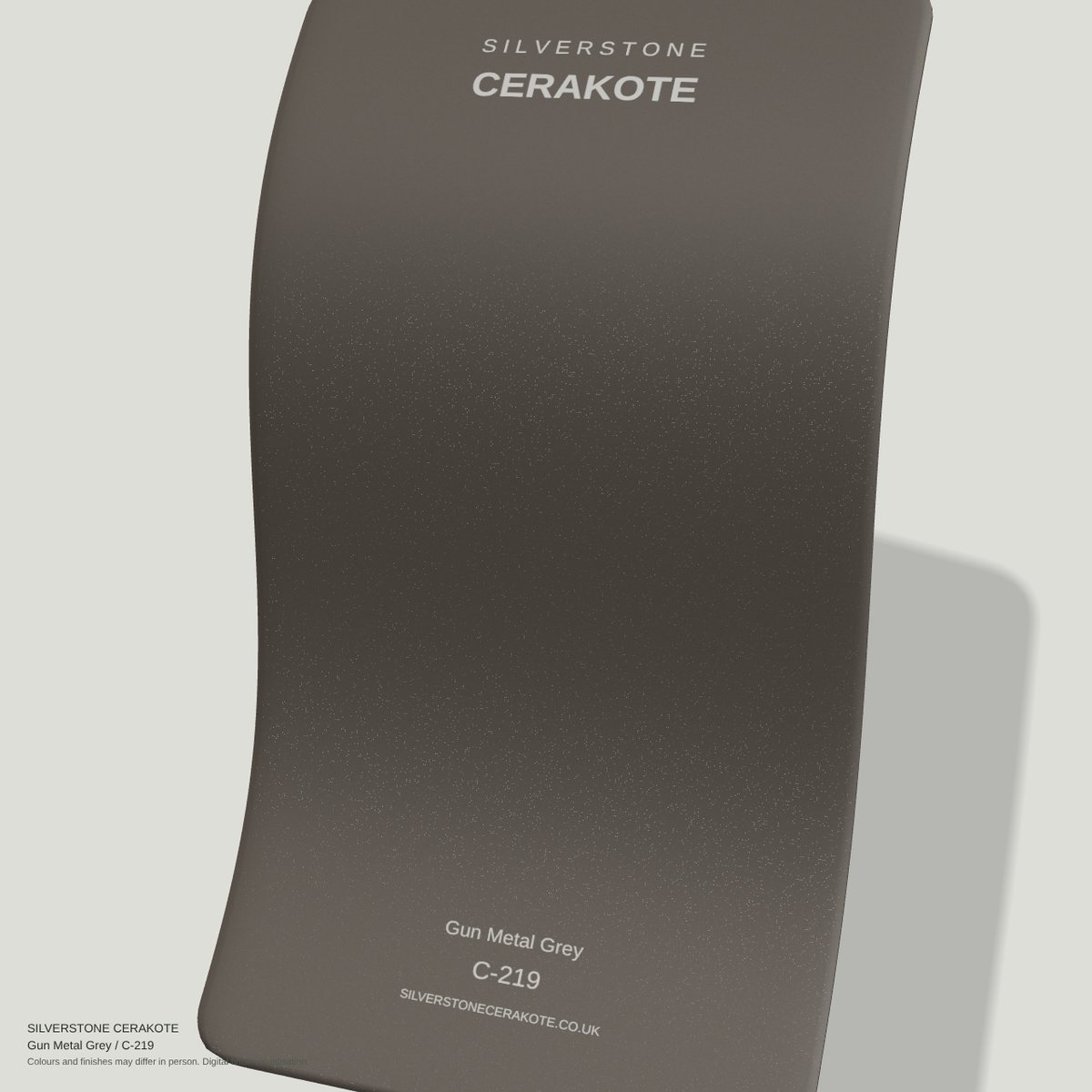 Gun Metal Grey C-219 Cerakote finish on a Silverstone Cerakote sample swatch (digital visualisation)