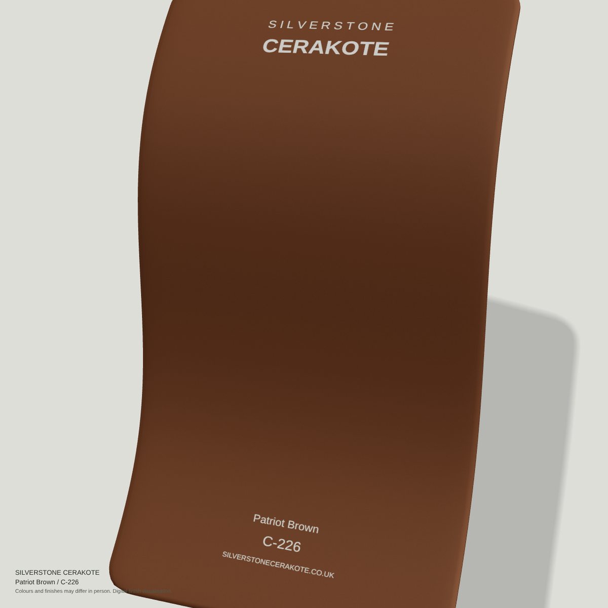 Patriot Brown C-226 Cerakote finish on a Silverstone Cerakote sample swatch (digital visualisation)
