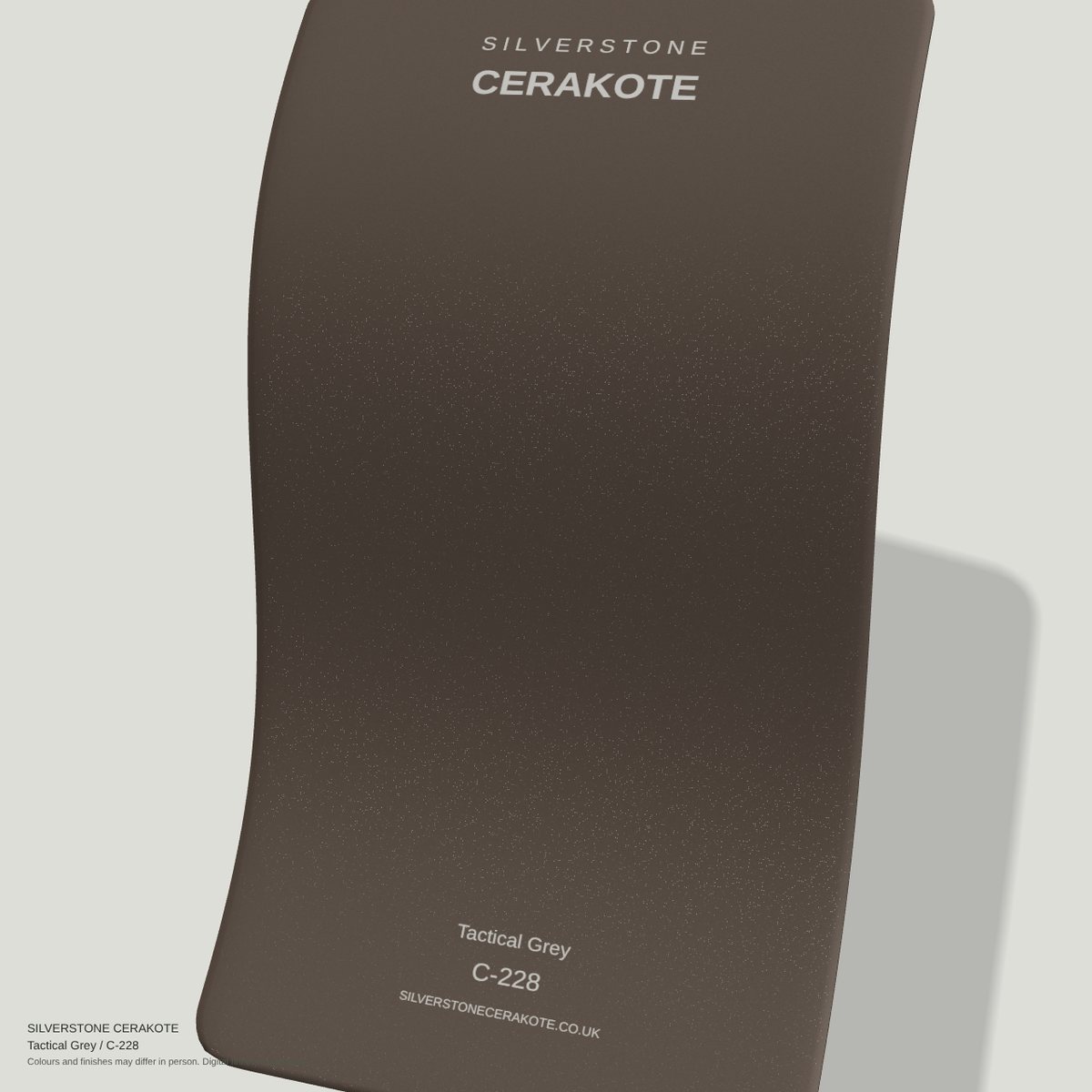 Tactical Grey C-228 Cerakote finish on a Silverstone Cerakote sample swatch (digital visualisation)