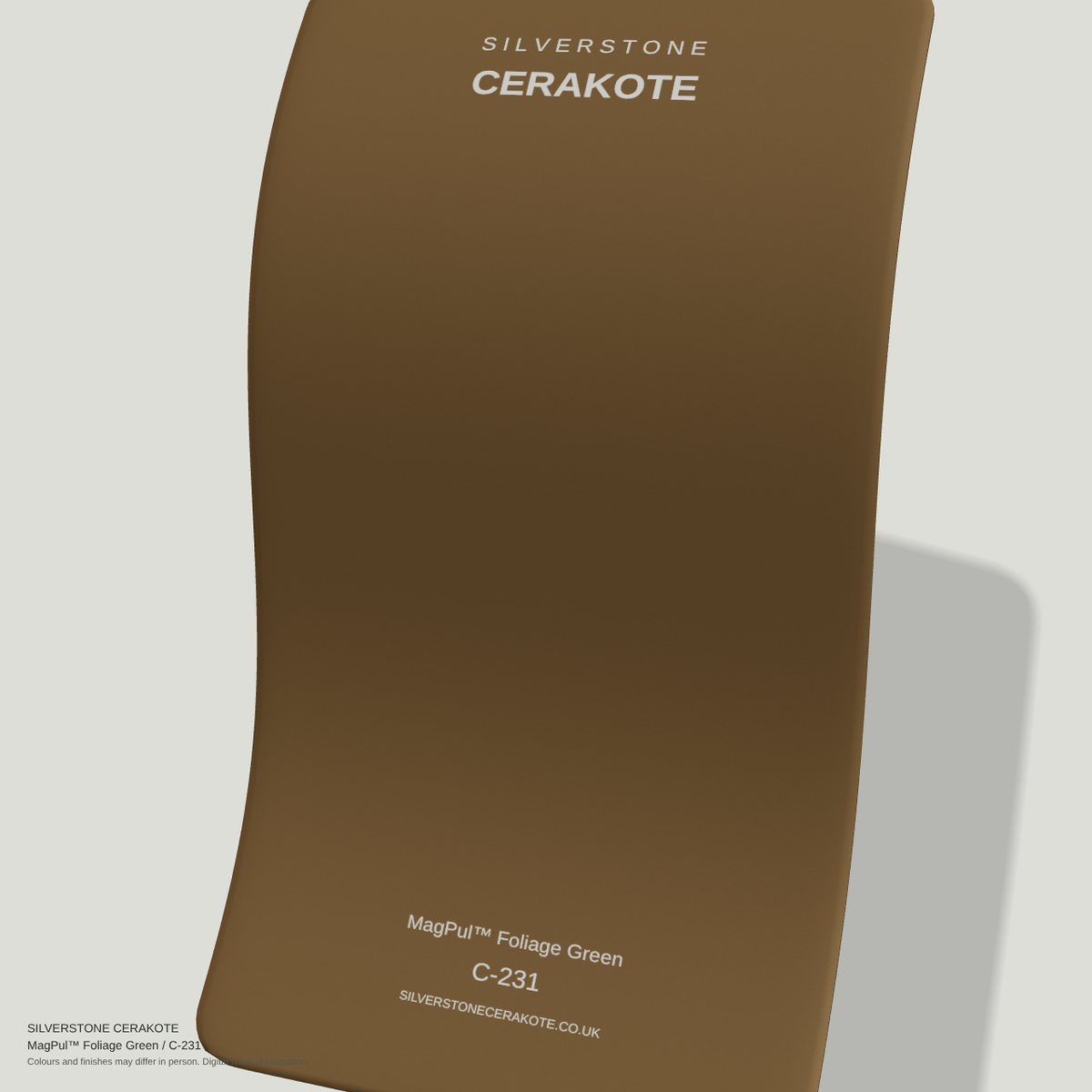 MagPul™ Foliage Green C-231 Cerakote finish on a Silverstone Cerakote sample swatch (digital visualisation)