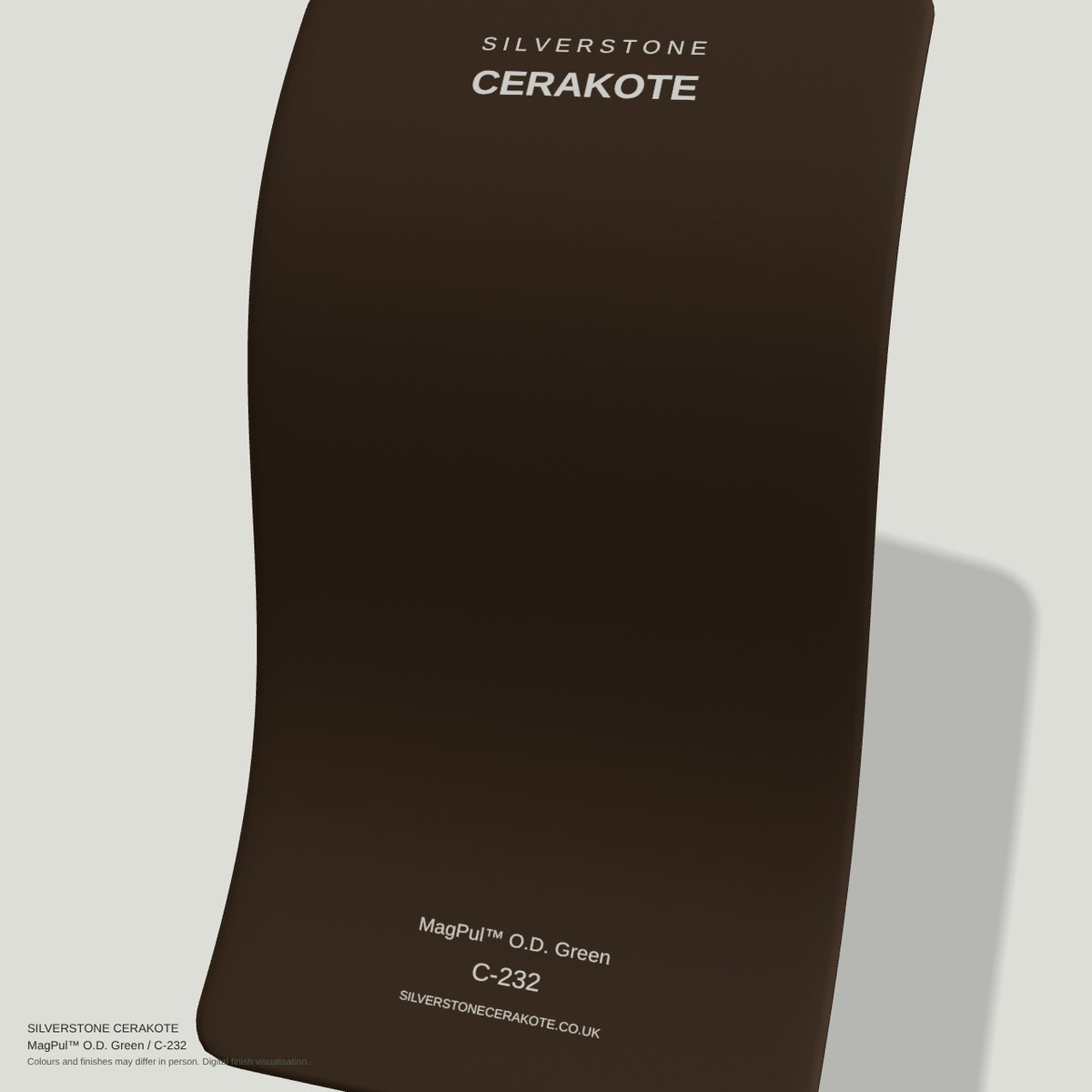 MagPul™ O.D. Green C-232 Cerakote finish on a Silverstone Cerakote sample swatch (digital visualisation)