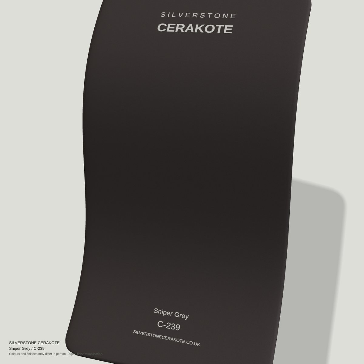 Sniper Grey C-239 Cerakote finish on a Silverstone Cerakote sample swatch (digital visualisation)