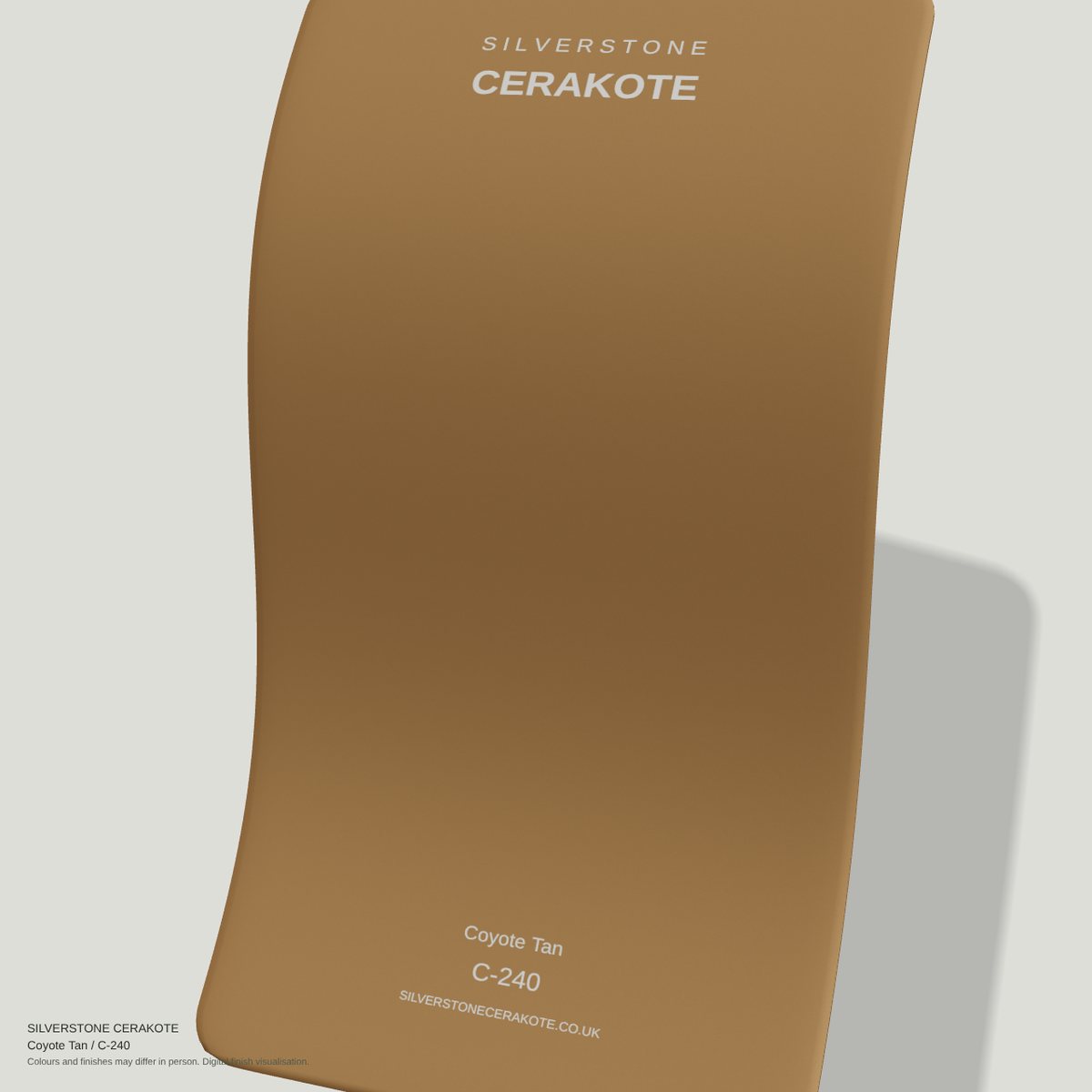 Coyote Tan C-240 Cerakote finish on a Silverstone Cerakote sample swatch (digital visualisation)