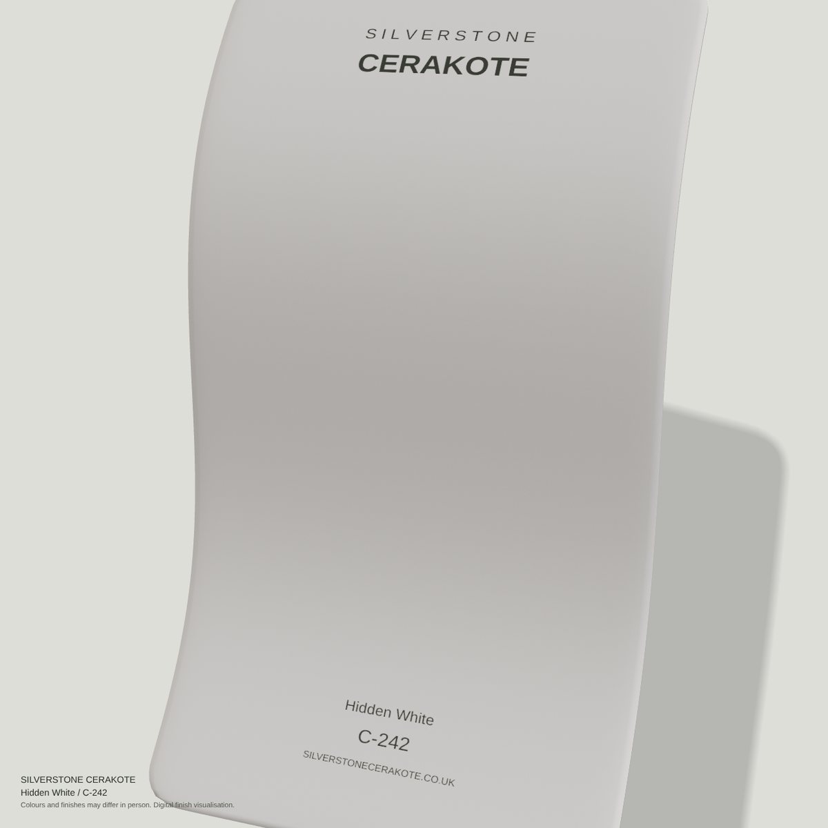 Hidden White C-242 Cerakote finish on a Silverstone Cerakote sample swatch (digital visualisation)