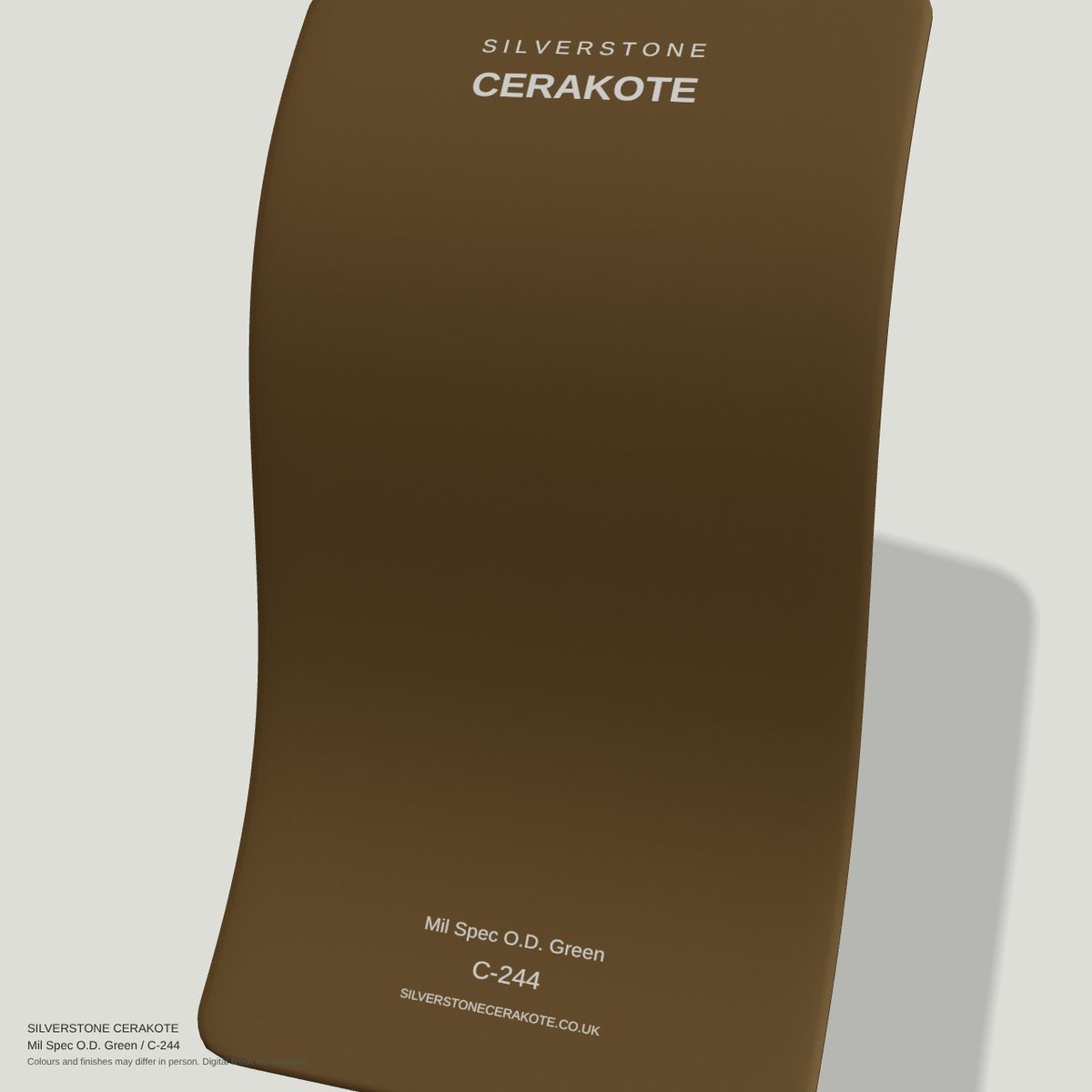 Mil Spec O.D. Green C-244 Cerakote finish on a Silverstone Cerakote sample swatch (digital visualisation)