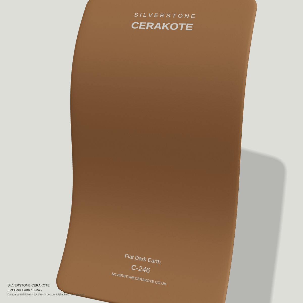 Flat Dark Earth C-246 Cerakote finish on a Silverstone Cerakote sample swatch (digital visualisation)