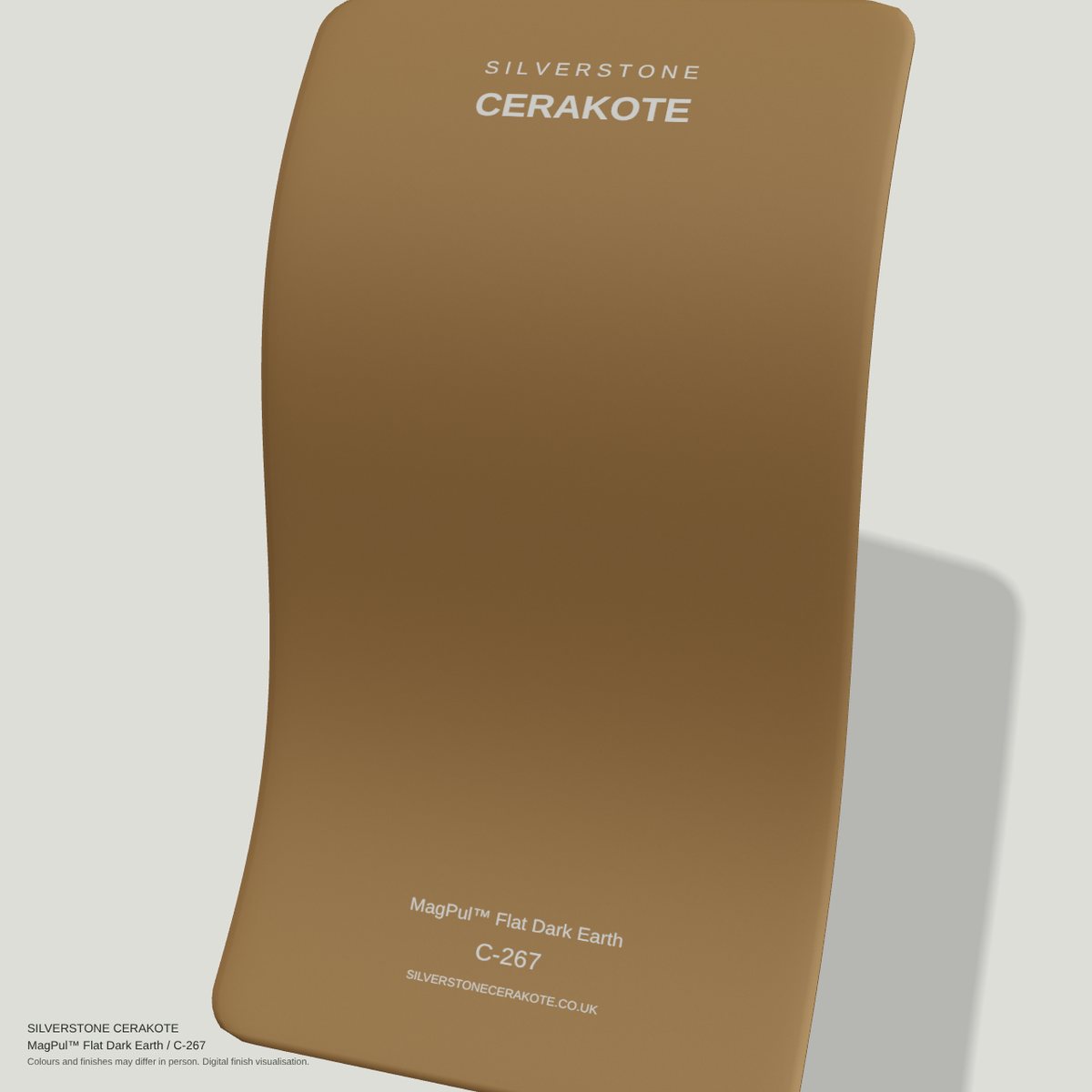 MagPul™ Flat Dark Earth C-267 Cerakote finish on a Silverstone Cerakote sample swatch (digital visualisation)