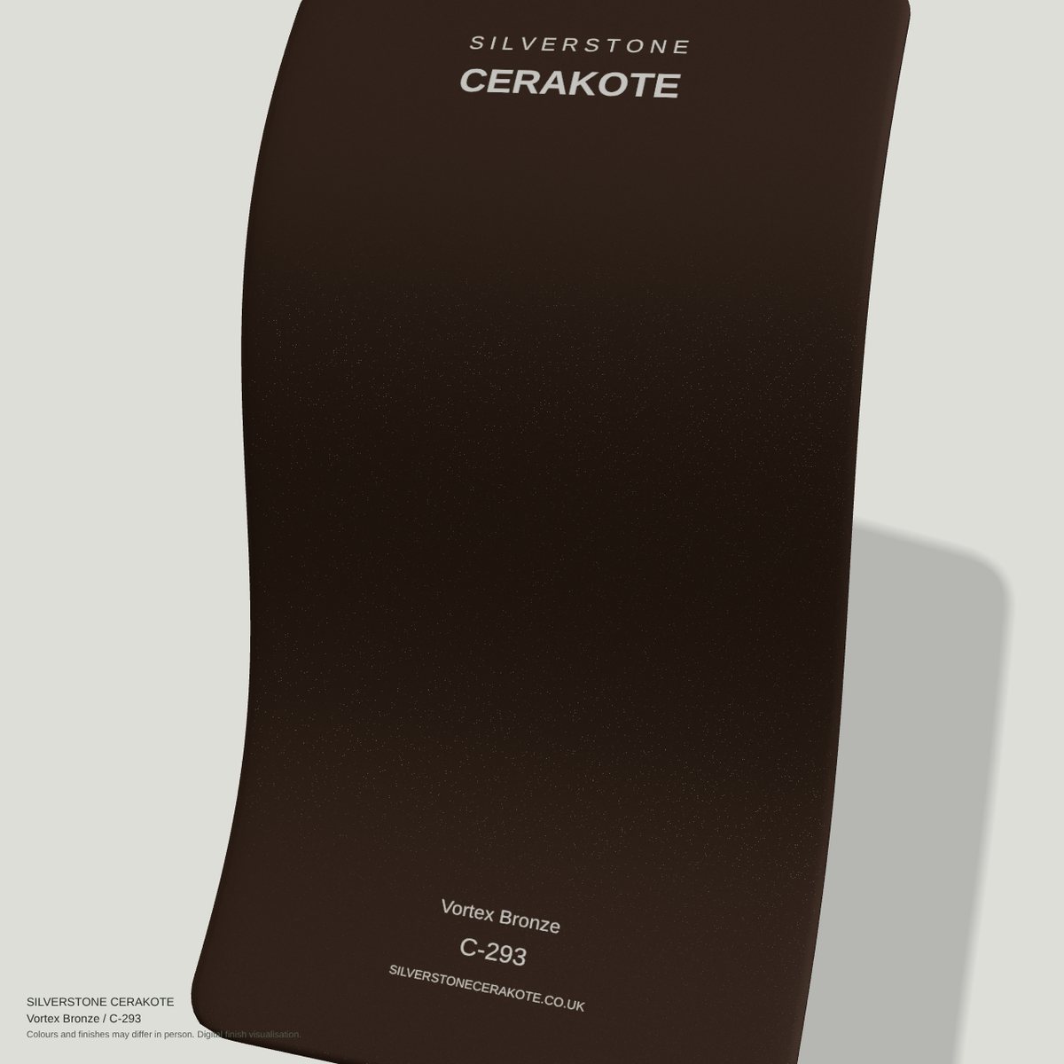 Vortex Bronze C-293 Cerakote finish on a Silverstone Cerakote sample swatch (digital visualisation)