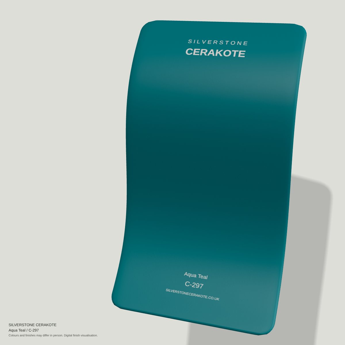 Aqua Teal C-297 Cerakote finish on a Silverstone Cerakote sample swatch (digital visualisation)