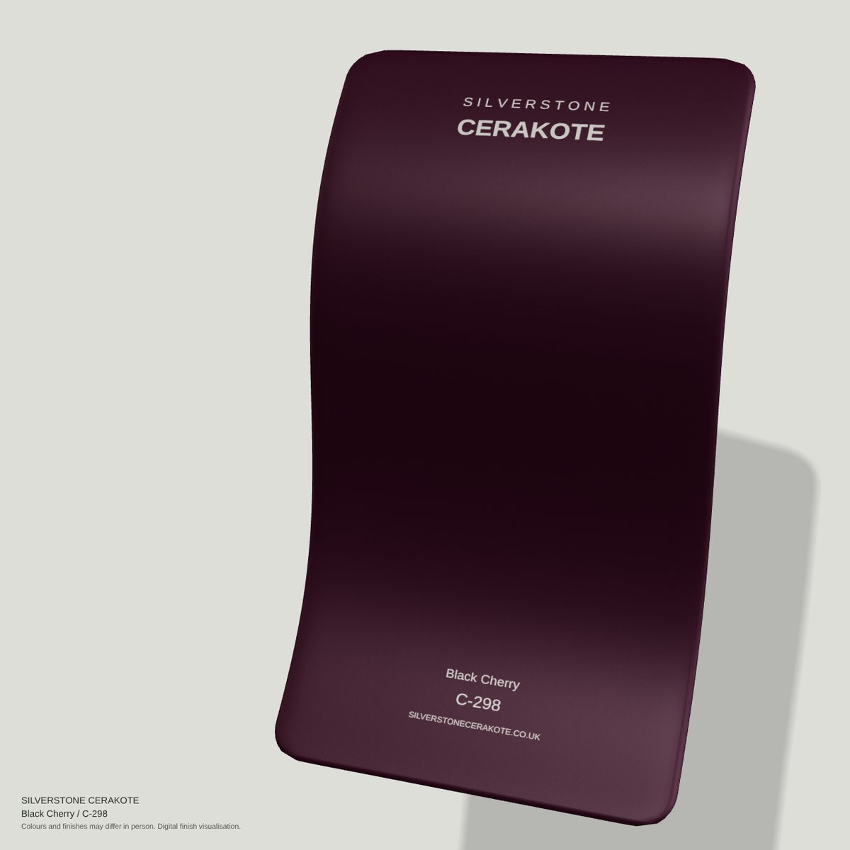 Black Cherry C-298 Cerakote finish on a Silverstone Cerakote sample swatch (digital visualisation)