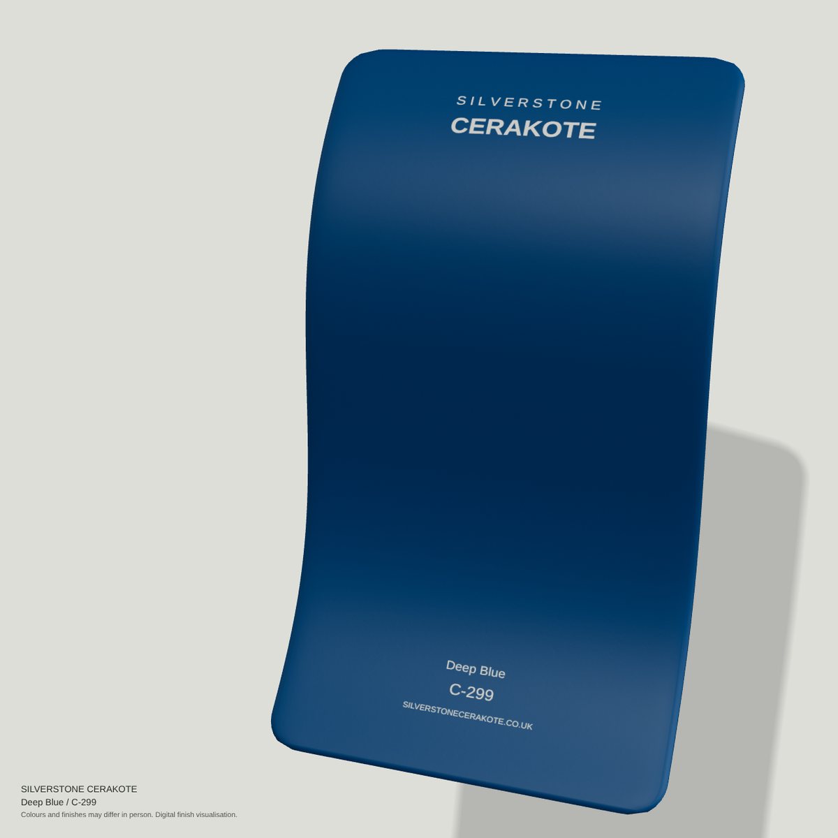 Deep Blue C-299 Cerakote finish on a Silverstone Cerakote sample swatch (digital visualisation)