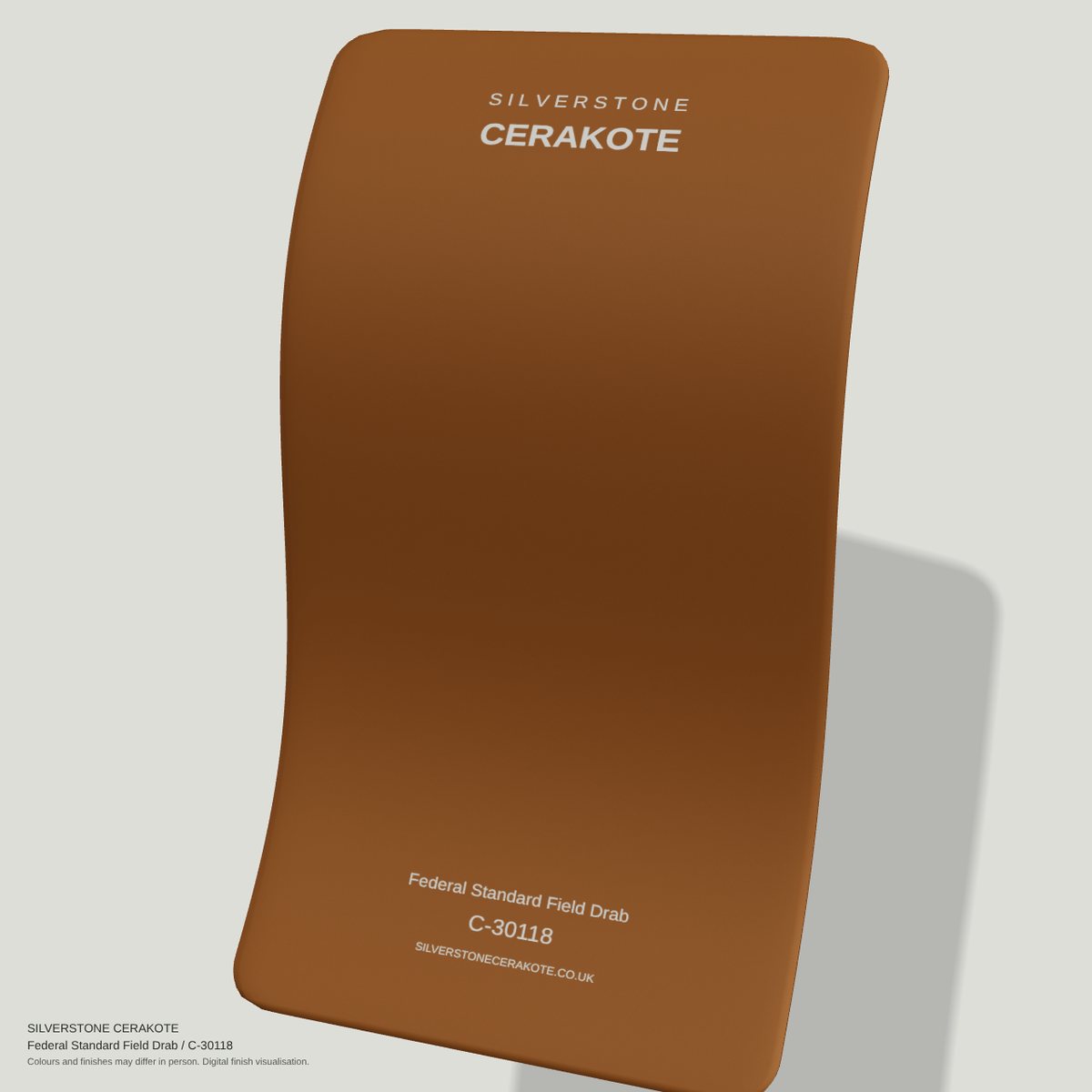 Federal Standard Field Drab C-30118 Cerakote finish on a Silverstone Cerakote sample swatch (digital visualisation)