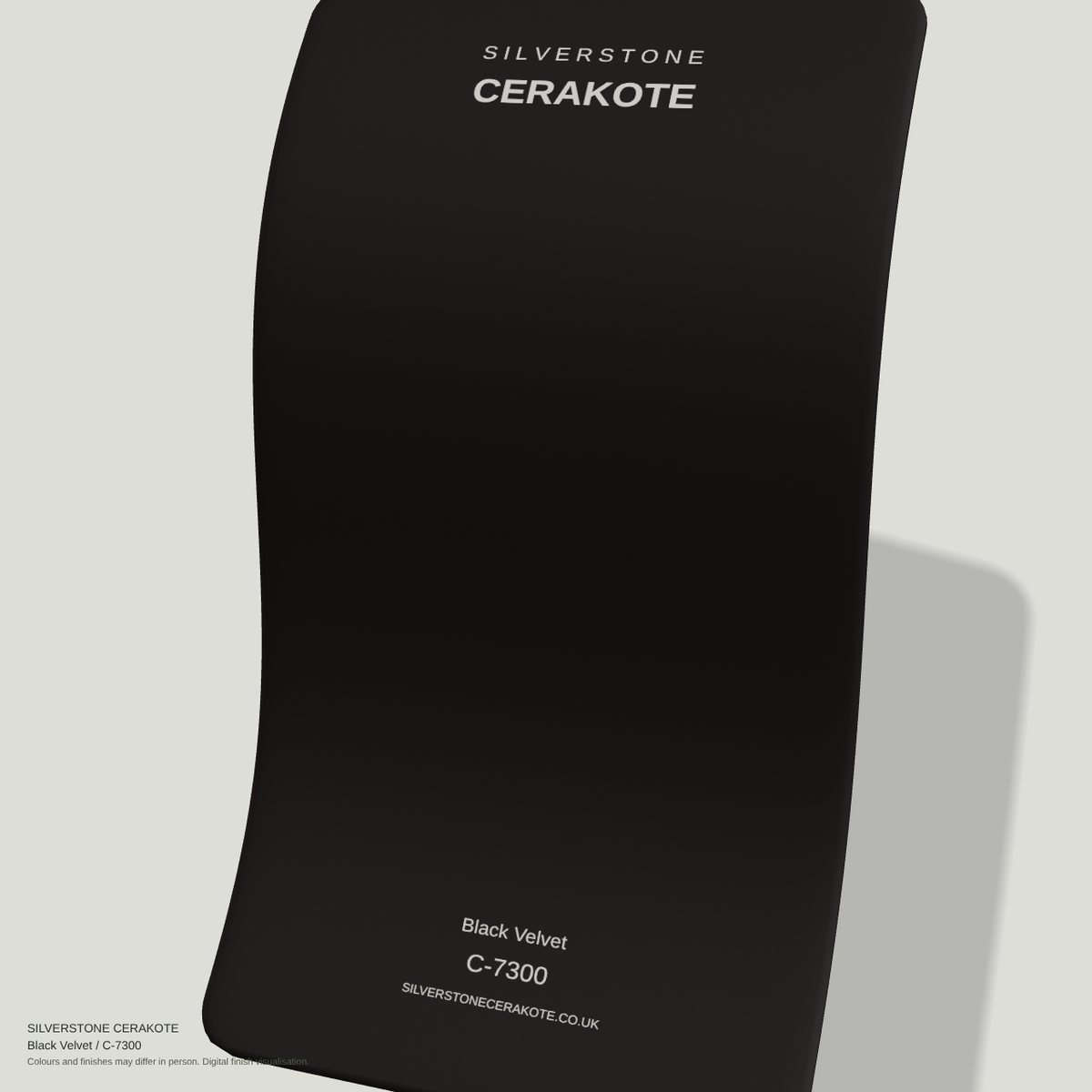 Black Velvet C-7300 Cerakote finish on a Silverstone Cerakote sample swatch (digital visualisation)