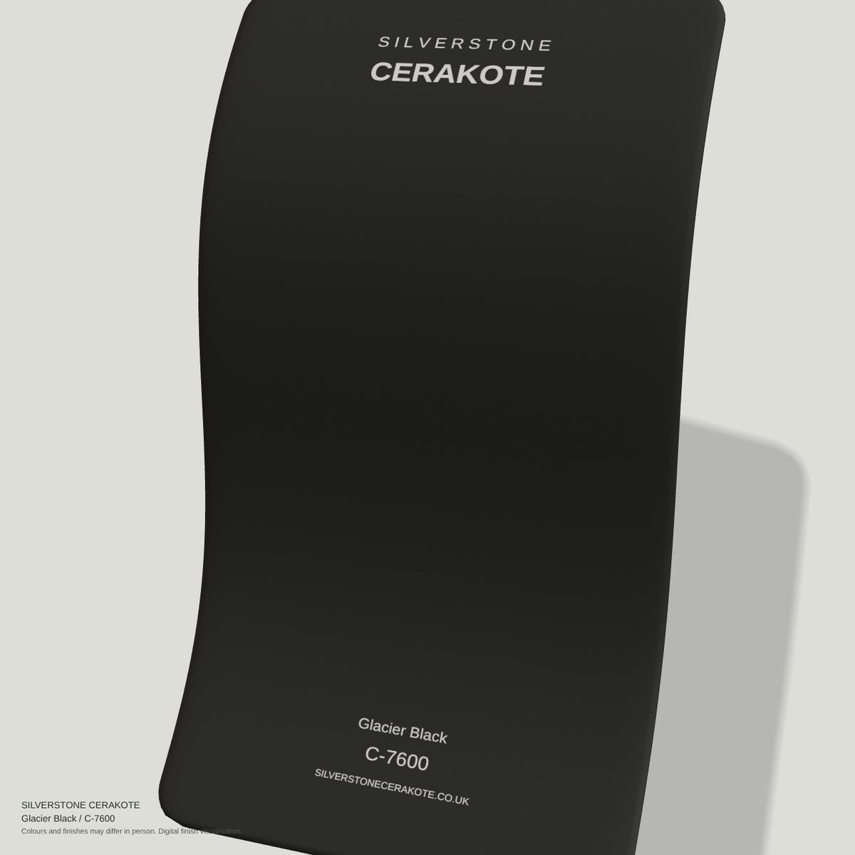 Glacier Black C-7600 Cerakote finish on a Silverstone Cerakote sample swatch (digital visualisation)