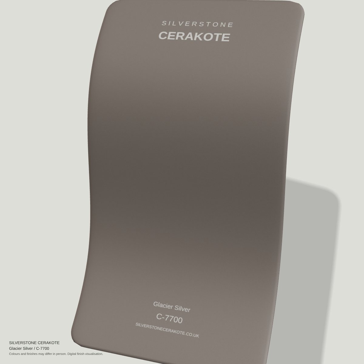 Glacier Silver C-7700 Cerakote finish on a Silverstone Cerakote sample swatch (digital visualisation)