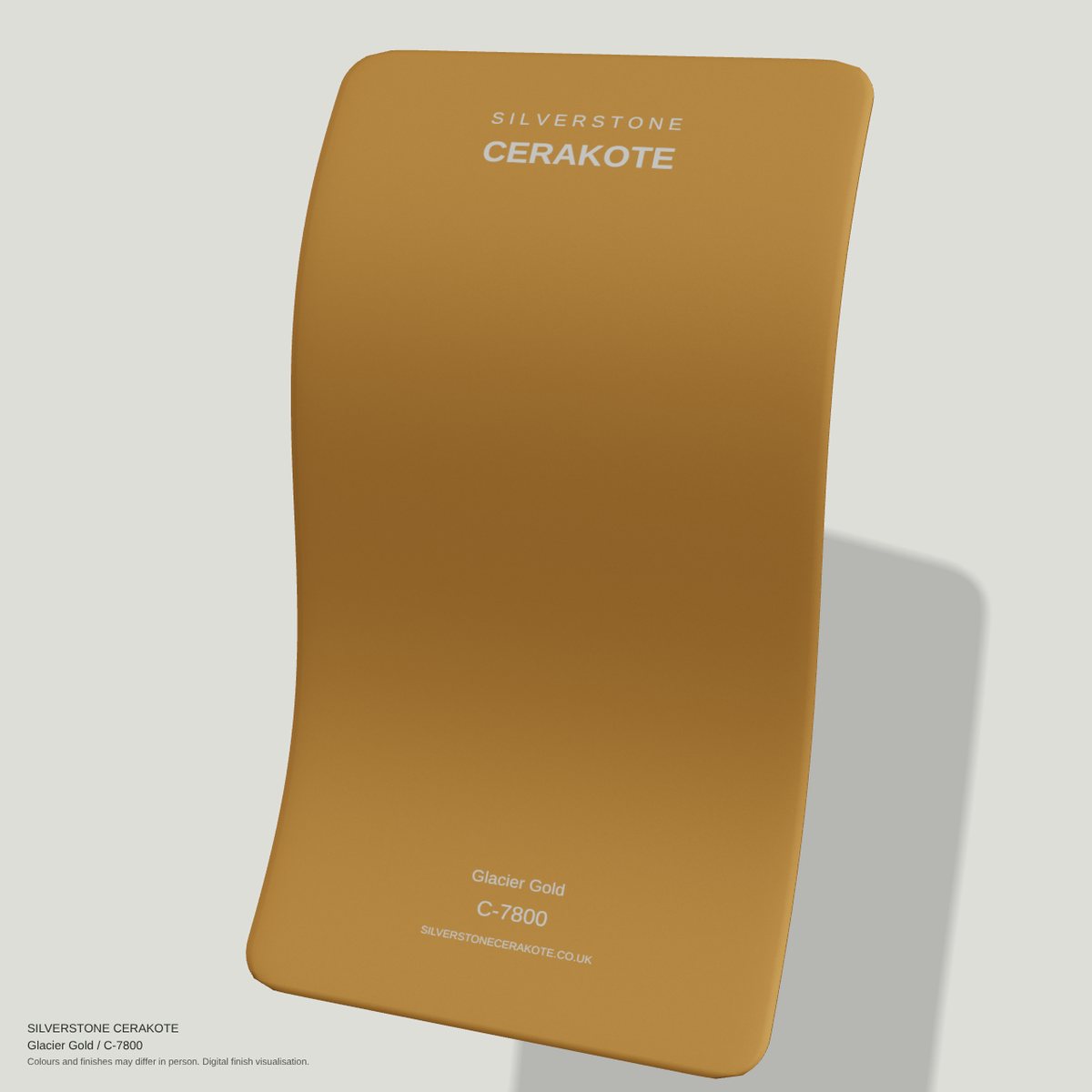 Glacier Gold C-7800 Cerakote finish on a Silverstone Cerakote sample swatch (digital visualisation)