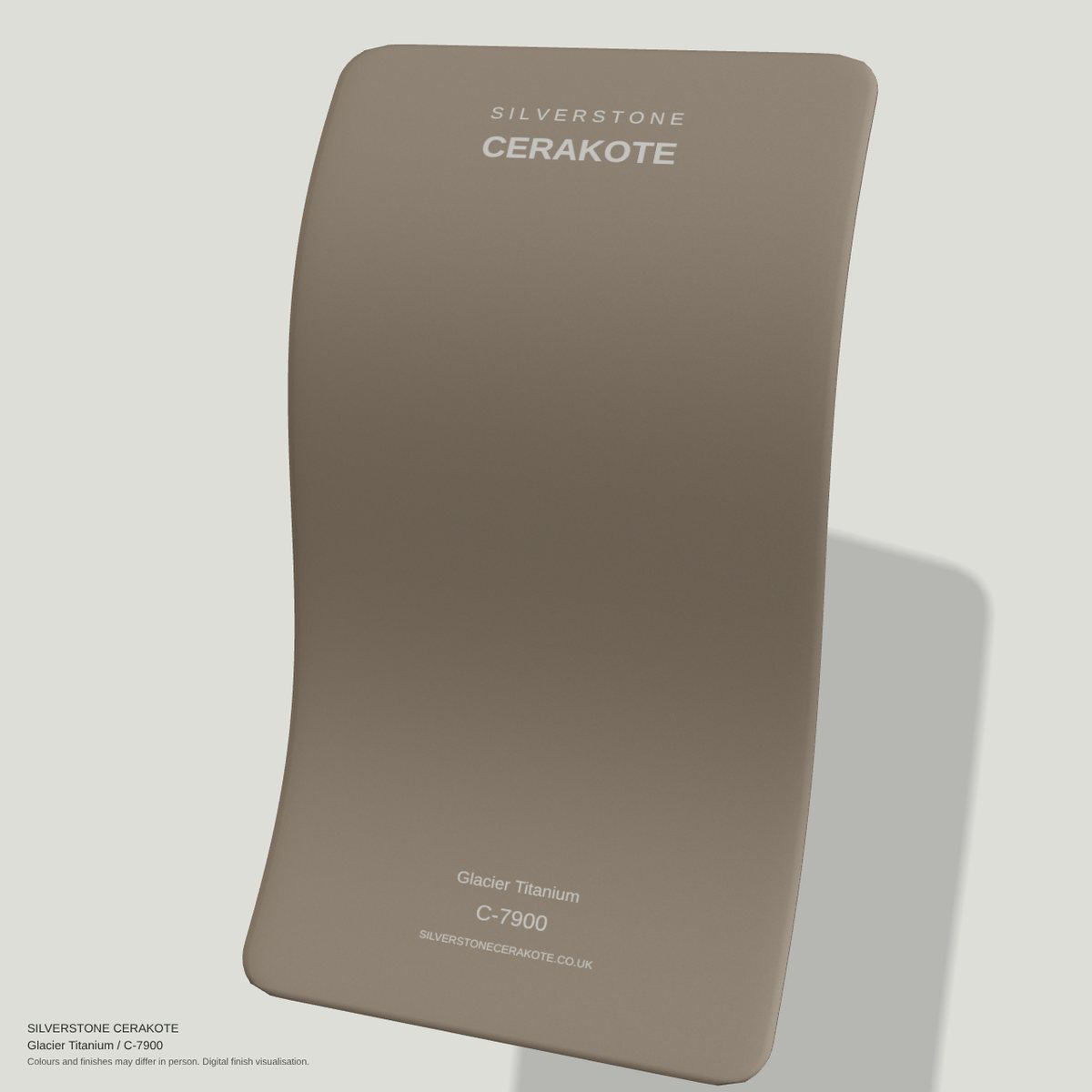 Glacier Titanium C-7900 Cerakote finish on a Silverstone Cerakote sample swatch (digital visualisation)