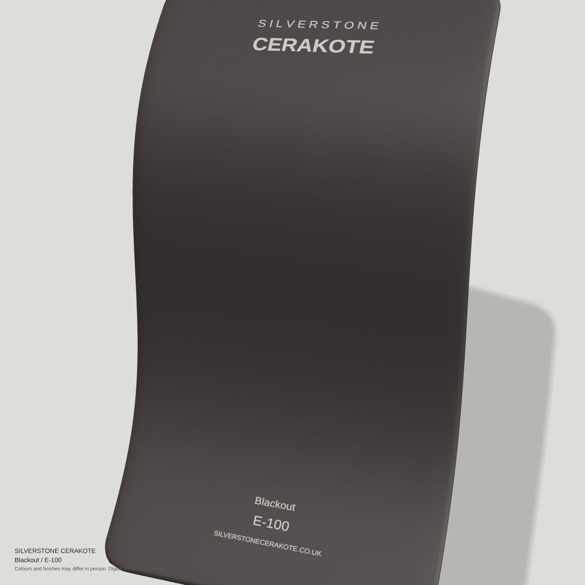 Blackout E-100 Cerakote finish on a Silverstone Cerakote sample swatch (digital visualisation)
