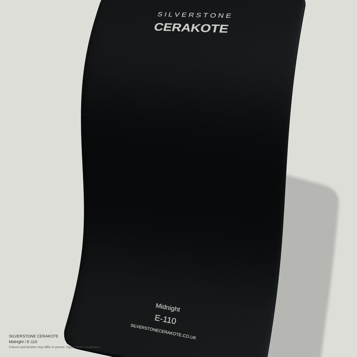 Midnight E-110 Cerakote finish on a Silverstone Cerakote sample swatch (digital visualisation)