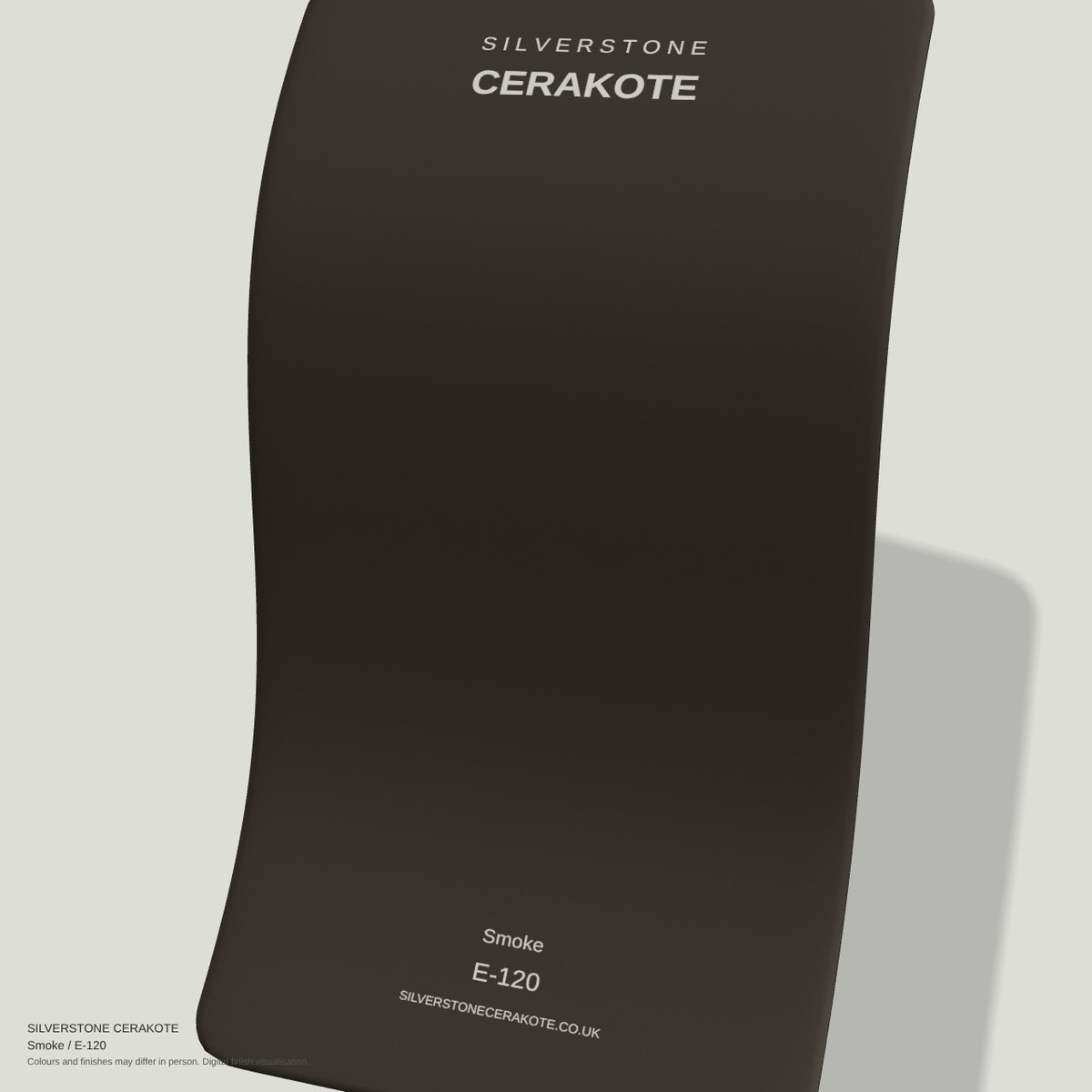 Smoke E-120 Cerakote finish on a Silverstone Cerakote sample swatch (digital visualisation)