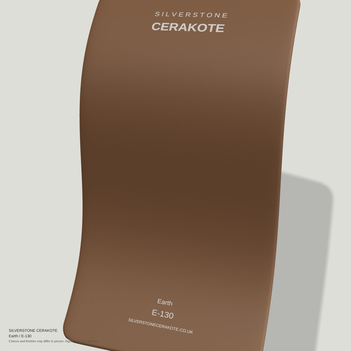 Earth E-130 Cerakote finish on a Silverstone Cerakote sample swatch (digital visualisation)
