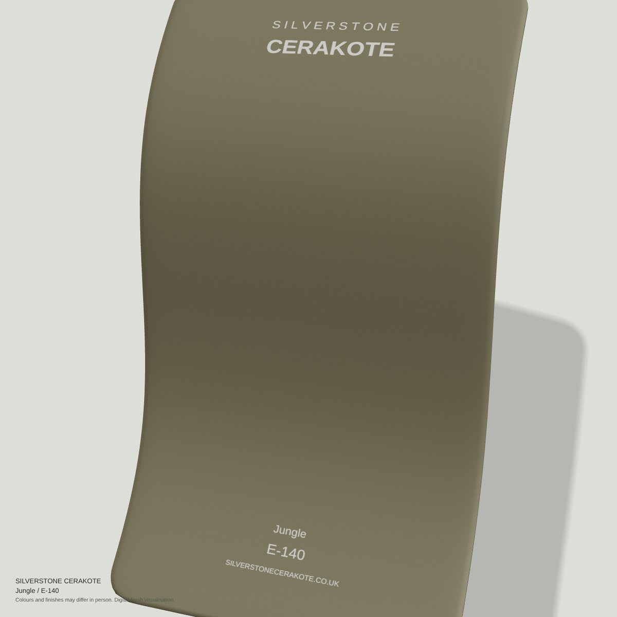 Jungle E-140 Cerakote finish on a Silverstone Cerakote sample swatch (digital visualisation)