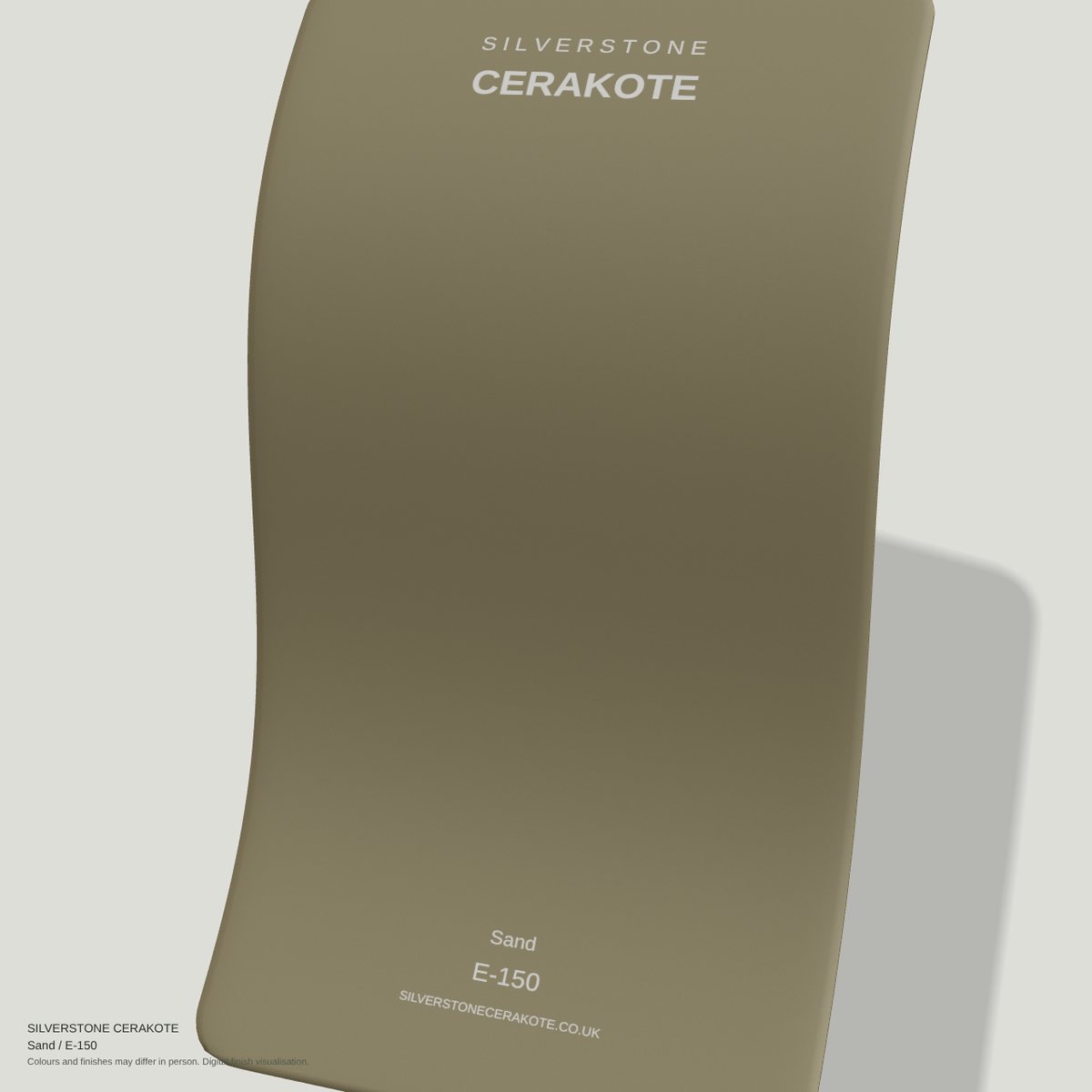 Sand E-150 Cerakote finish on a Silverstone Cerakote sample swatch (digital visualisation)