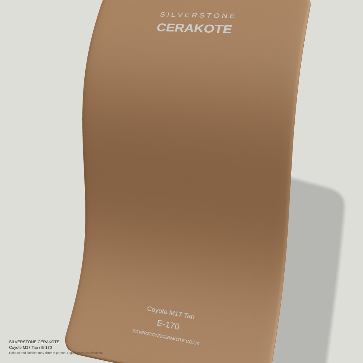 Coyote M17 Tan E-170 Cerakote finish on a Silverstone Cerakote sample swatch (digital visualisation)