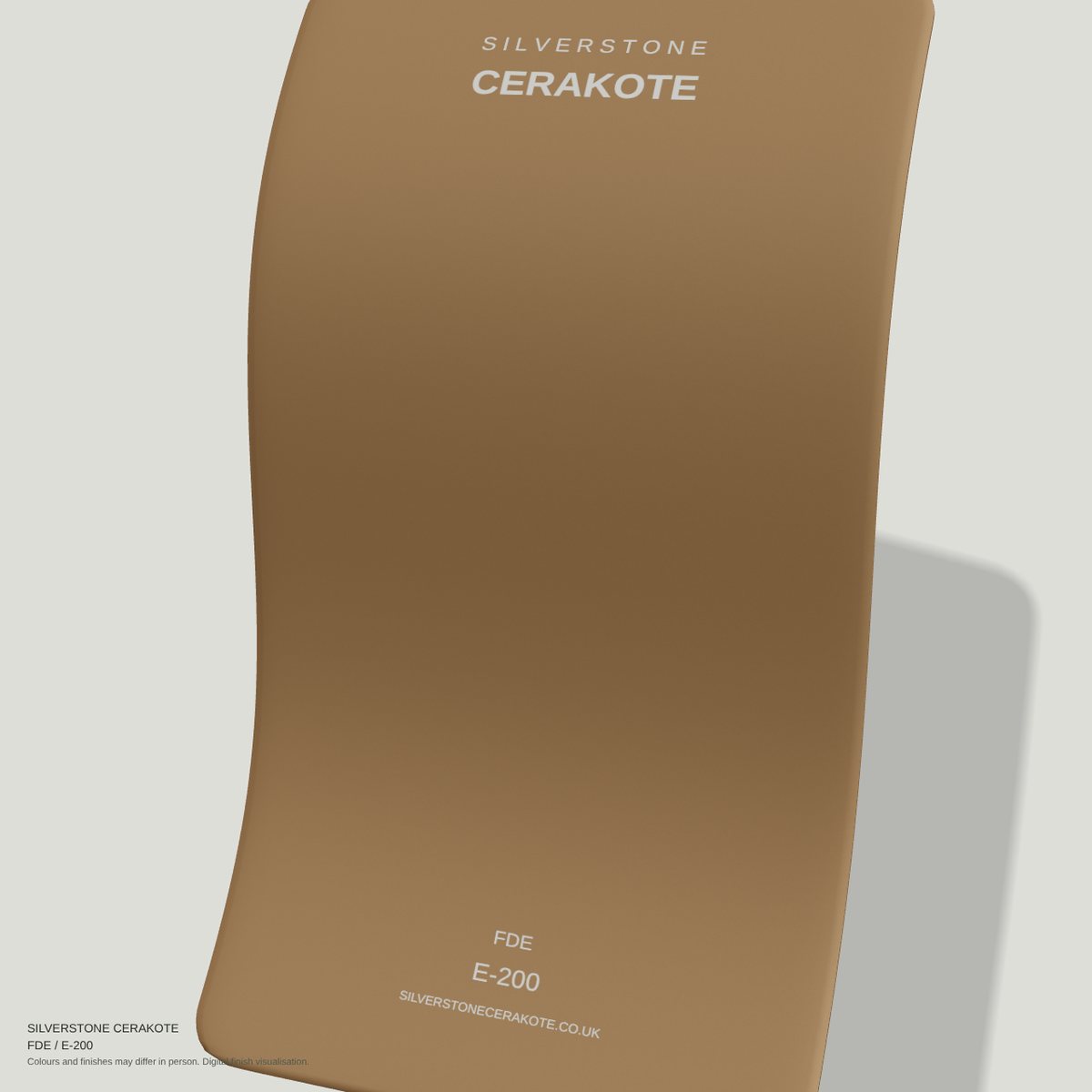 FDE E-200 Cerakote finish on a Silverstone Cerakote sample swatch (digital visualisation)