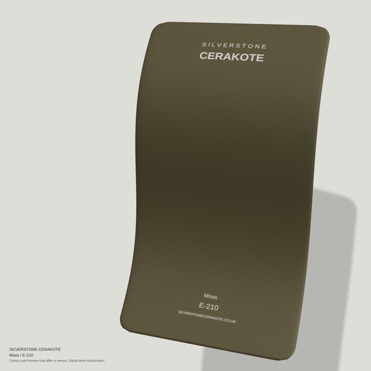 Moss E-210 Cerakote finish on a Silverstone Cerakote sample swatch (digital visualisation)