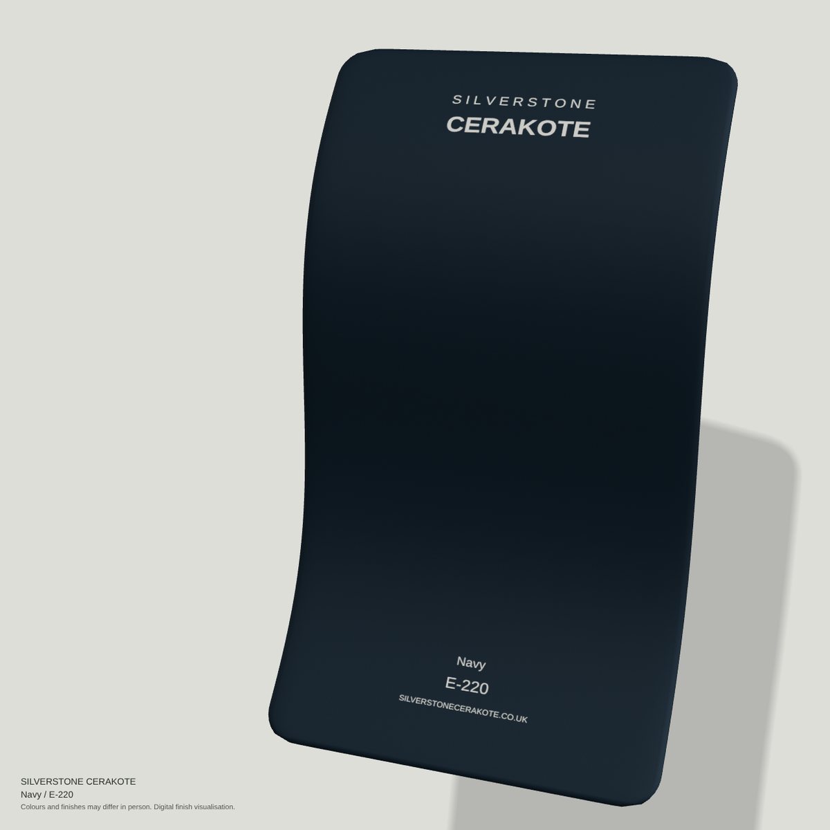 Navy E-220 Cerakote finish on a Silverstone Cerakote sample swatch (digital visualisation)