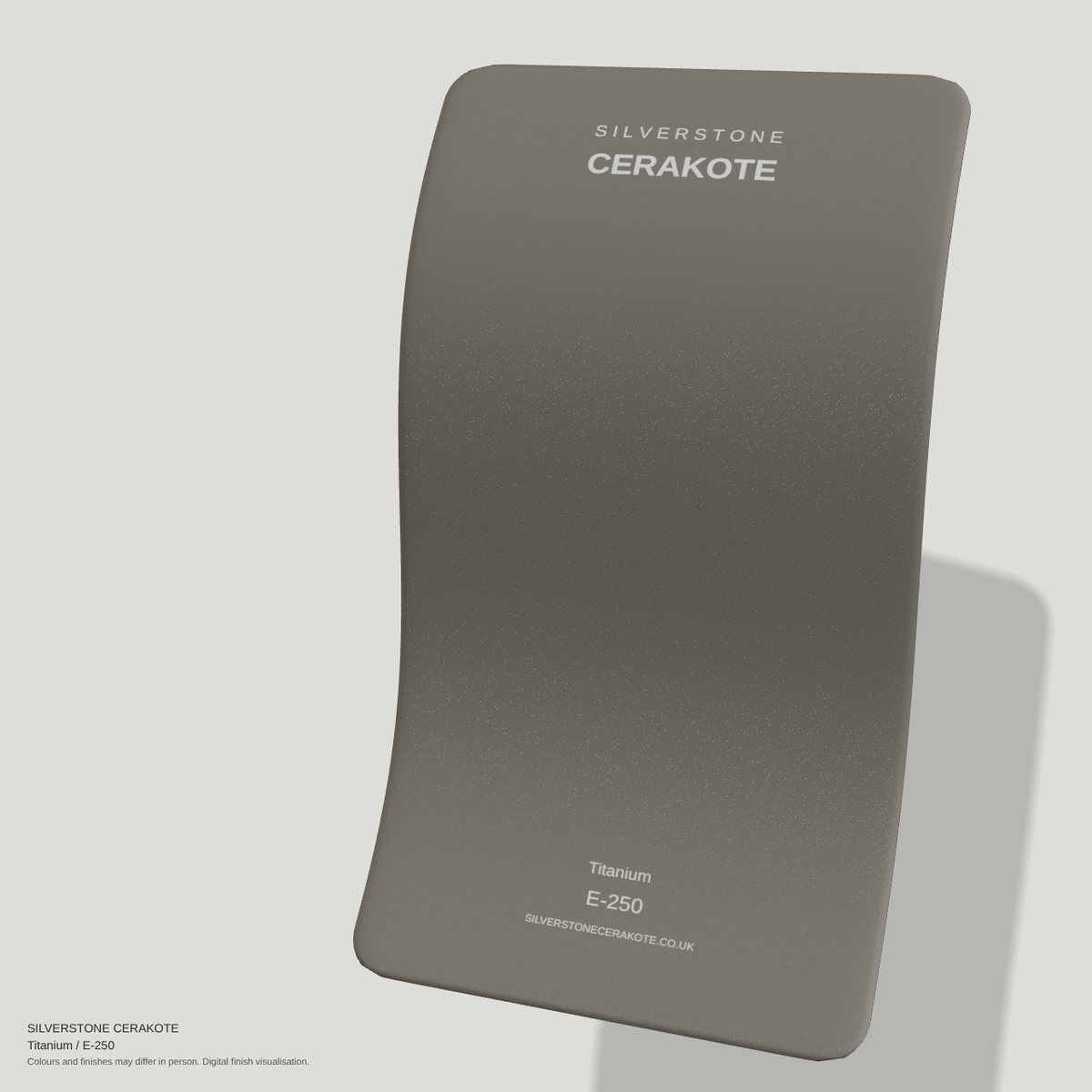 Titanium E-250 Cerakote finish on a Silverstone Cerakote sample swatch (digital visualisation)