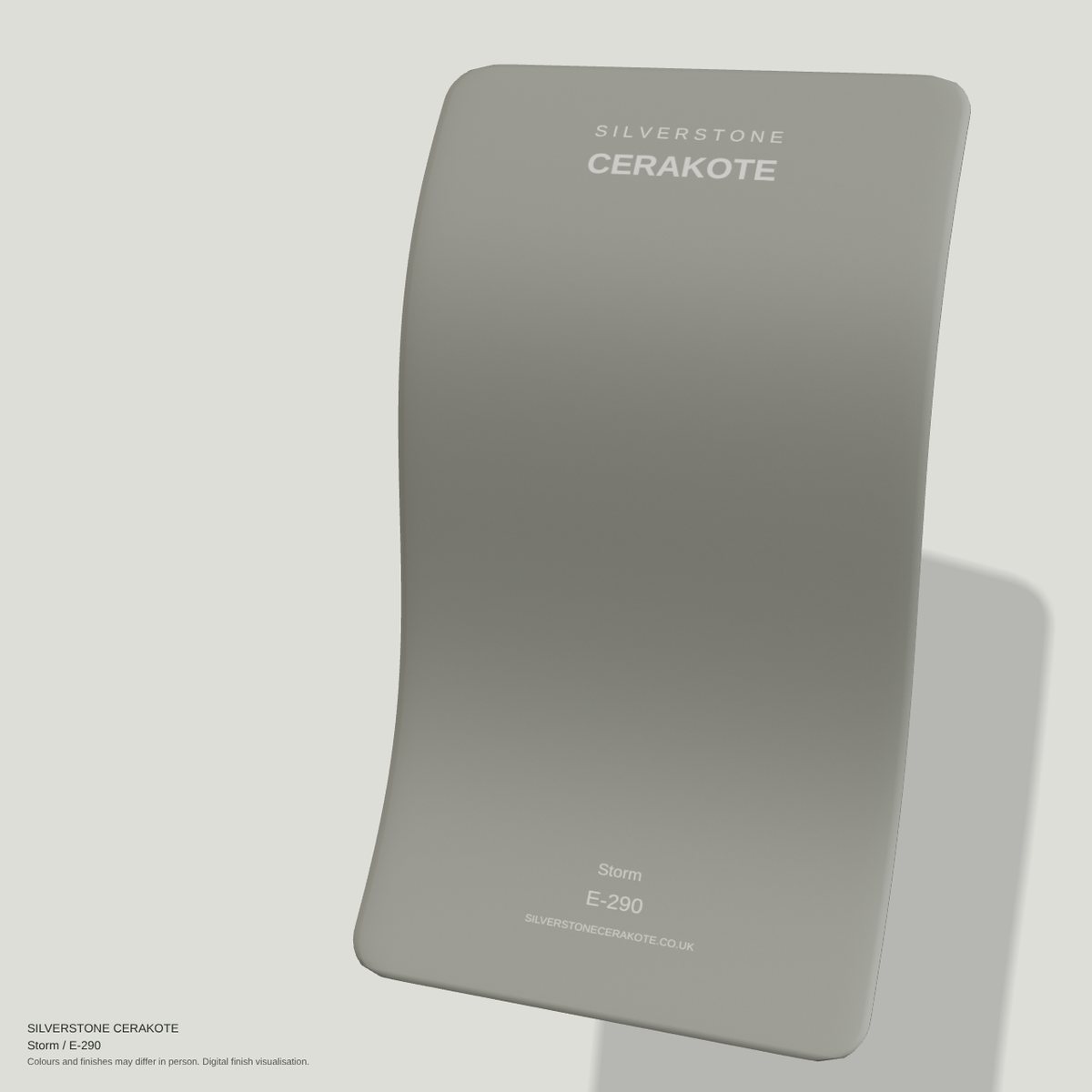 Storm E-290 Cerakote finish on a Silverstone Cerakote sample swatch (digital visualisation)