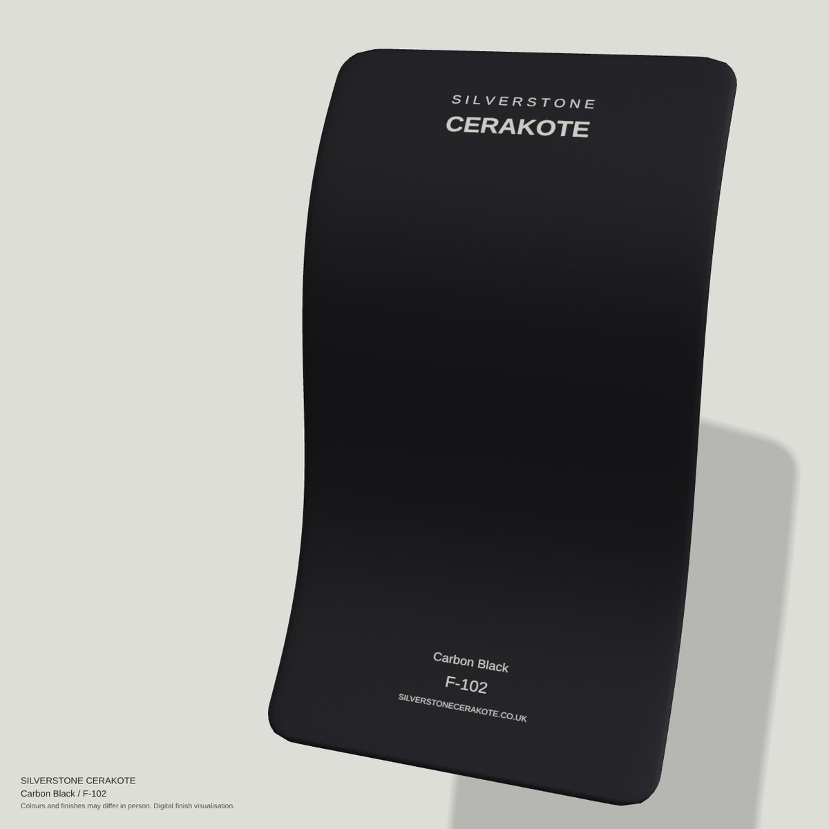 Carbon Black F-102 Cerakote finish on a Silverstone Cerakote sample swatch (digital visualisation)
