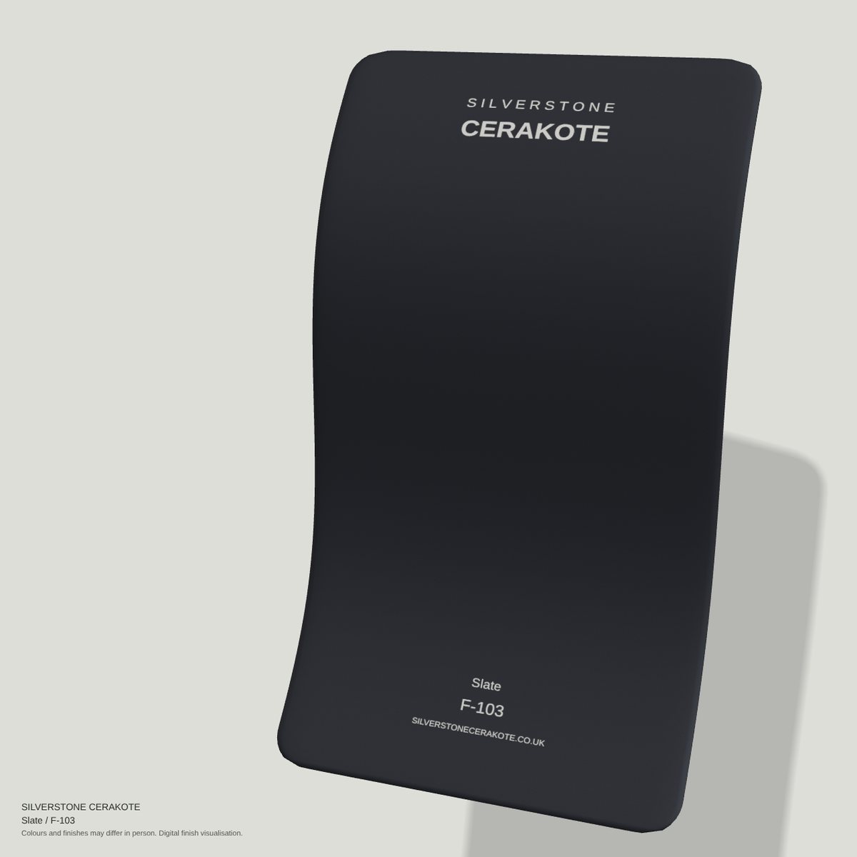 Slate F-103 Cerakote finish on a Silverstone Cerakote sample swatch (digital visualisation)